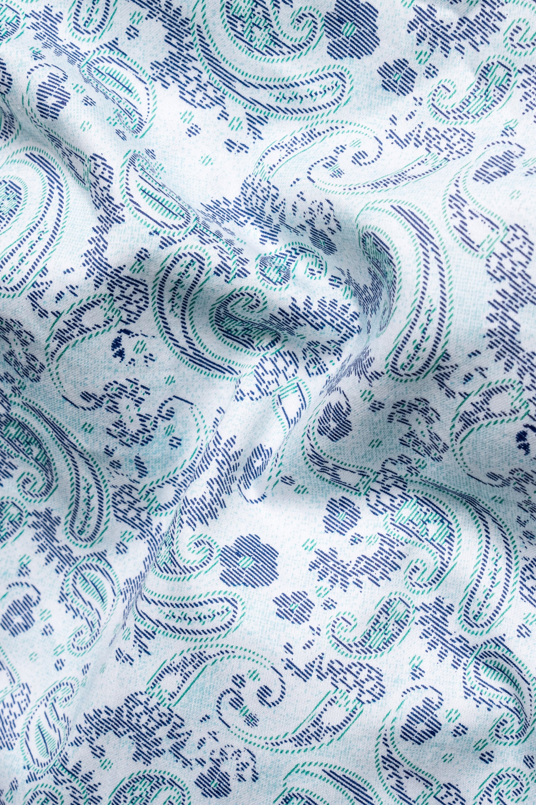 Bright White and Tradewind Green Paisley Printed Subtle Sheen Super Soft Premium Cotton Shirt