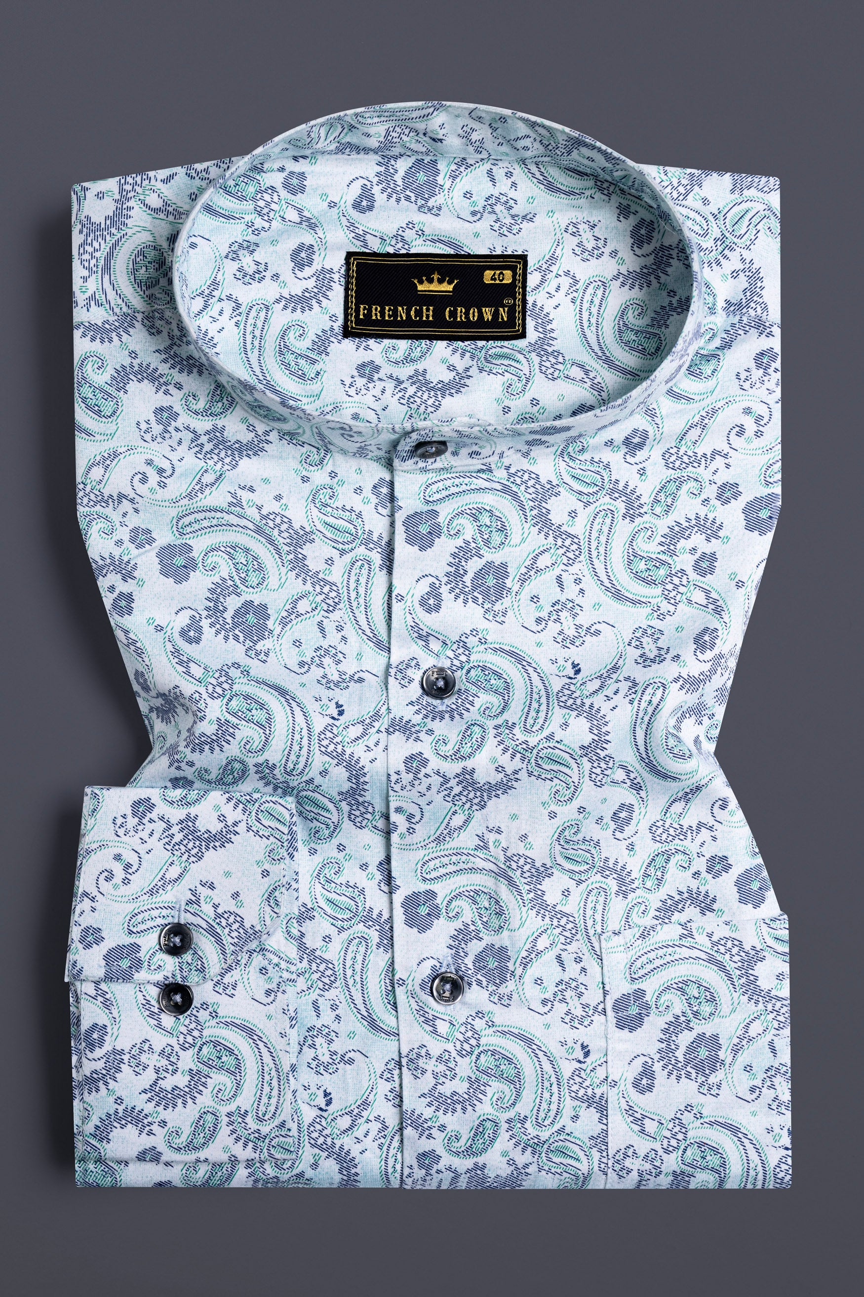 Bright White and Tradewind Green Paisley Printed Subtle Sheen Super Soft Premium Cotton Shirt