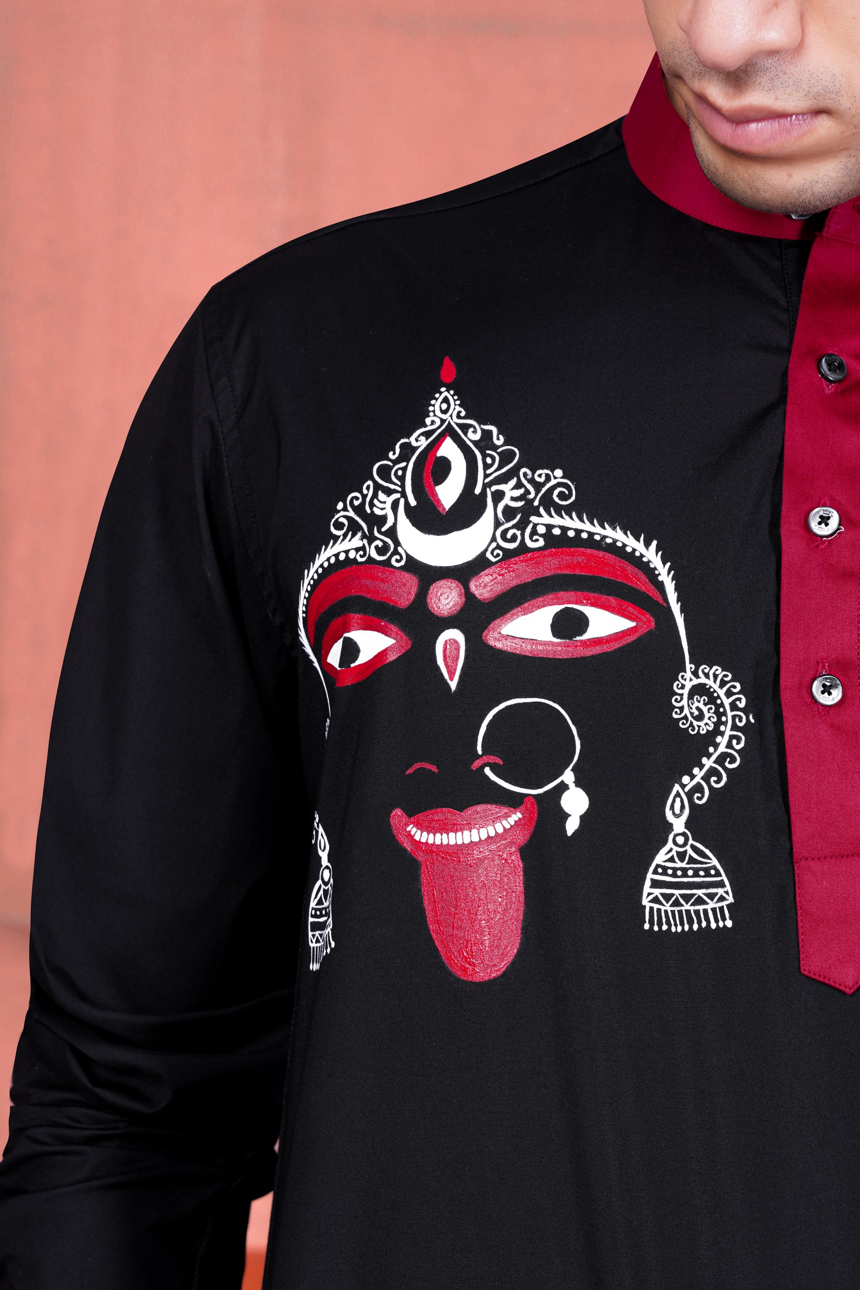 Jade Black and Bordeaux Maroon Kali Maa Hand Painted Subtle Sheen Super Soft Premium Cotton Designer Kurta Shirt 11945-M-KS-BLK-38, 11945-M-KS-BLK-H-38, 11945-M-KS-BLK-39, 11945-M-KS-BLK-H-39, 11945-M-KS-BLK-40, 11945-M-KS-BLK-H-40, 11945-M-KS-BLK-42, 11945-M-KS-BLK-H-42, 11945-M-KS-BLK-44, 11945-M-KS-BLK-H-44, 11945-M-KS-BLK-46, 11945-M-KS-BLK-H-46, 11945-M-KS-BLK-48, 11945-M-KS-BLK-H-48, 11945-M-KS-BLK-50, 11945-M-KS-BLK-H-50, 11945-M-KS-BLK-52, 11945-M-KS-BLK-H-52