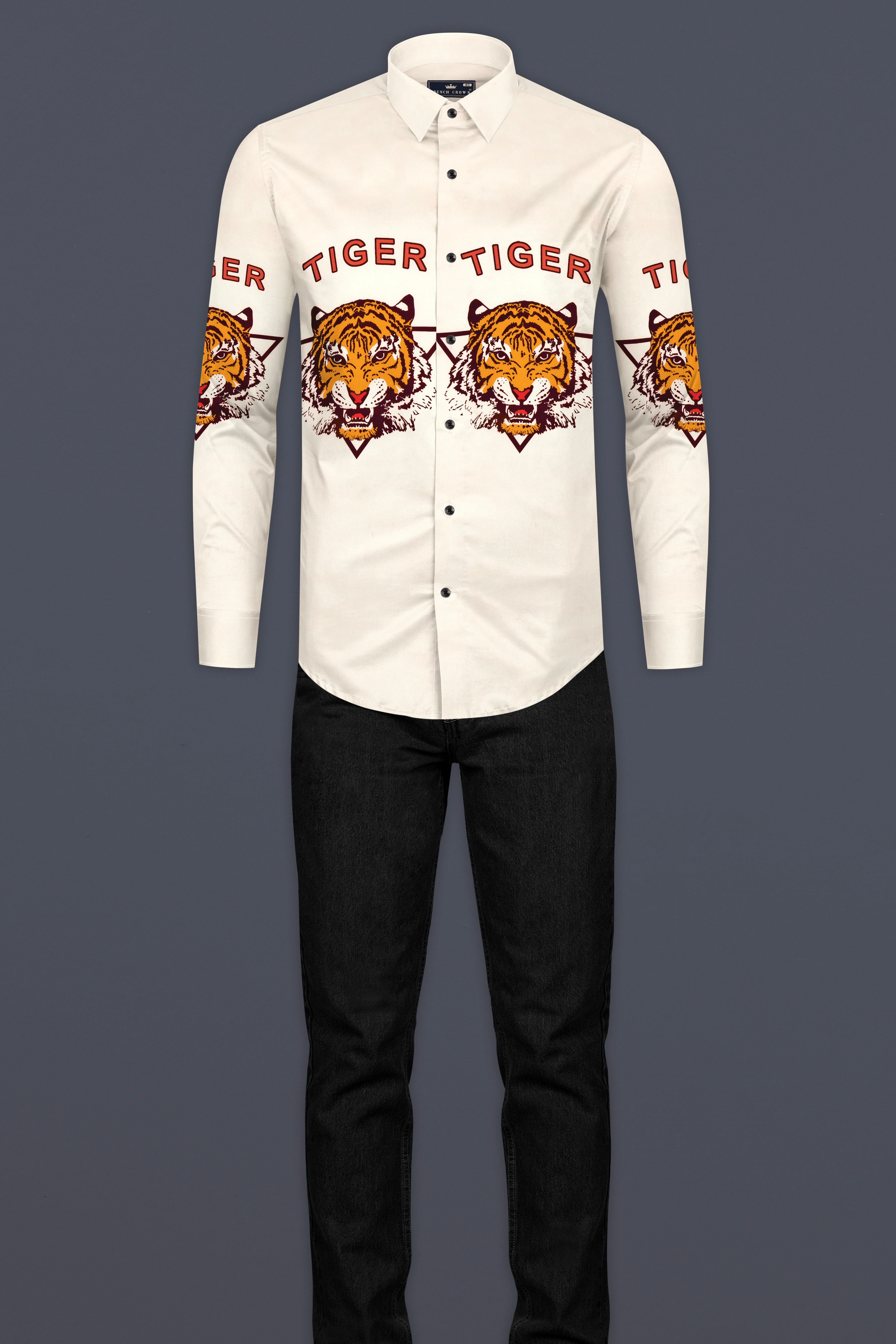 Bianca Cream with Cedar Brown and Tahiti Orange Tigers Printed Subtle Sheen Super Soft Premium Cotton Designer Shirt