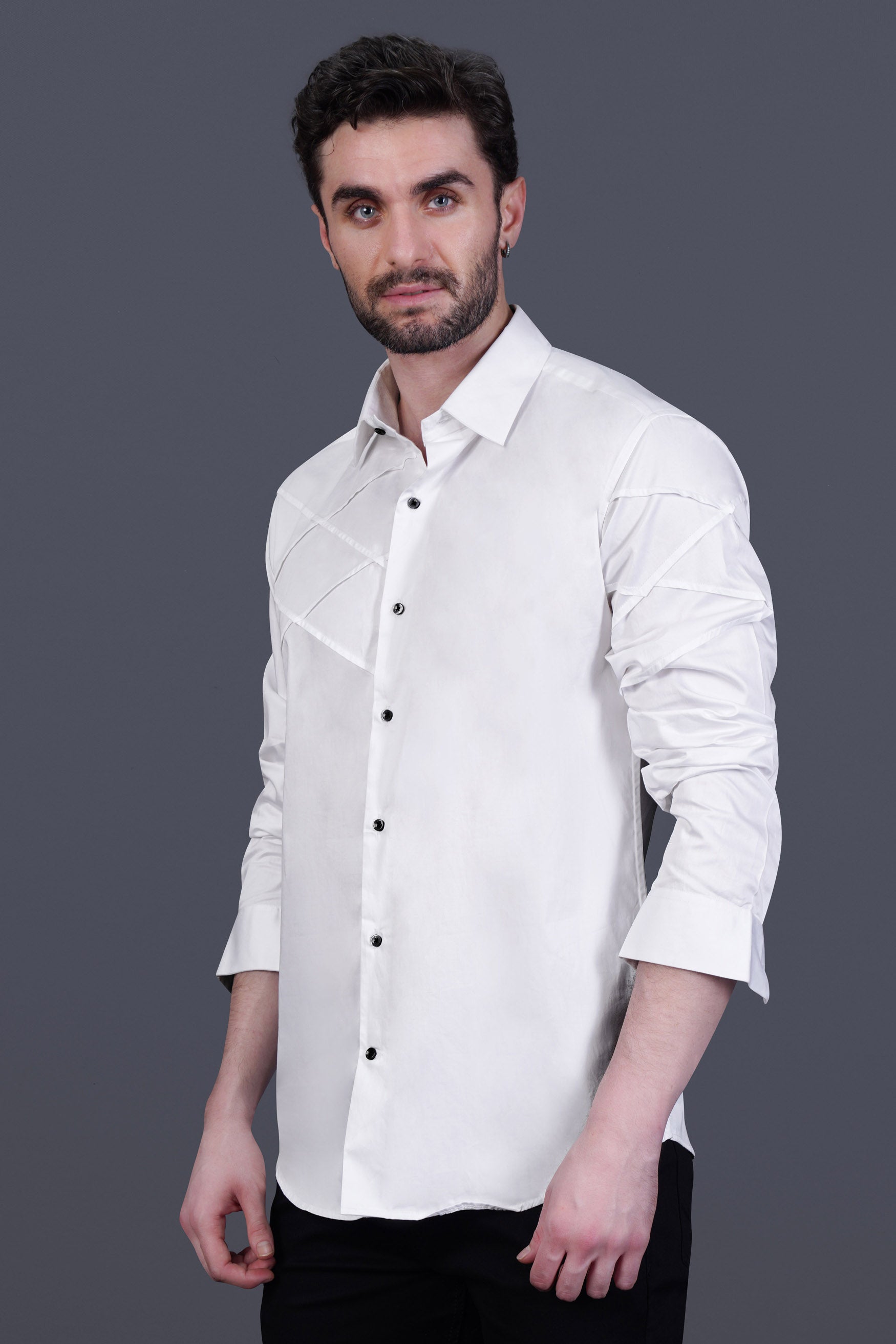 Bright White Criss Cross Tucks Subtle Sheen Super Soft Premium Cotton Designer Shirt