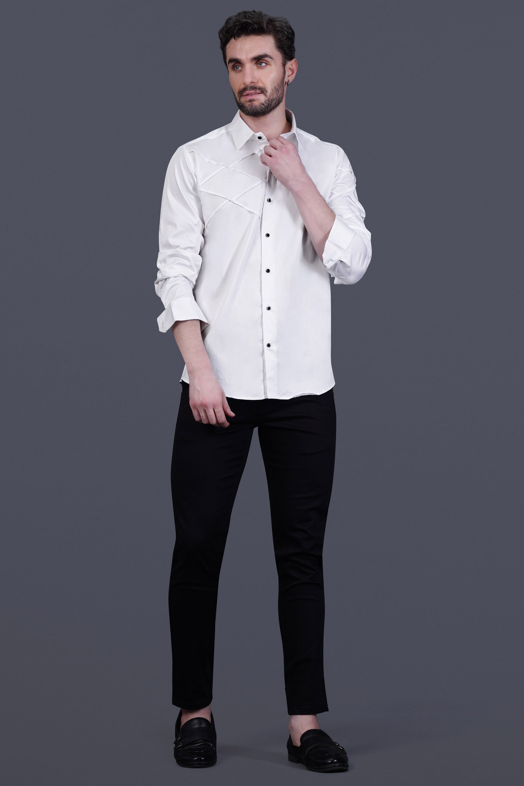 Bright White Criss Cross Tucks Subtle Sheen Super Soft Premium Cotton Designer Shirt