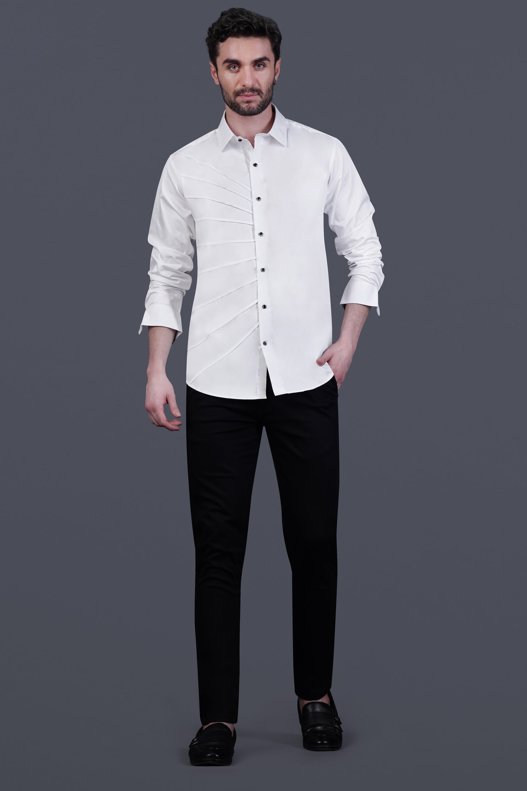 Bright White Infinite Lines Tucks Subtle Sheen Super Soft Premium Cotton Designer Shirt