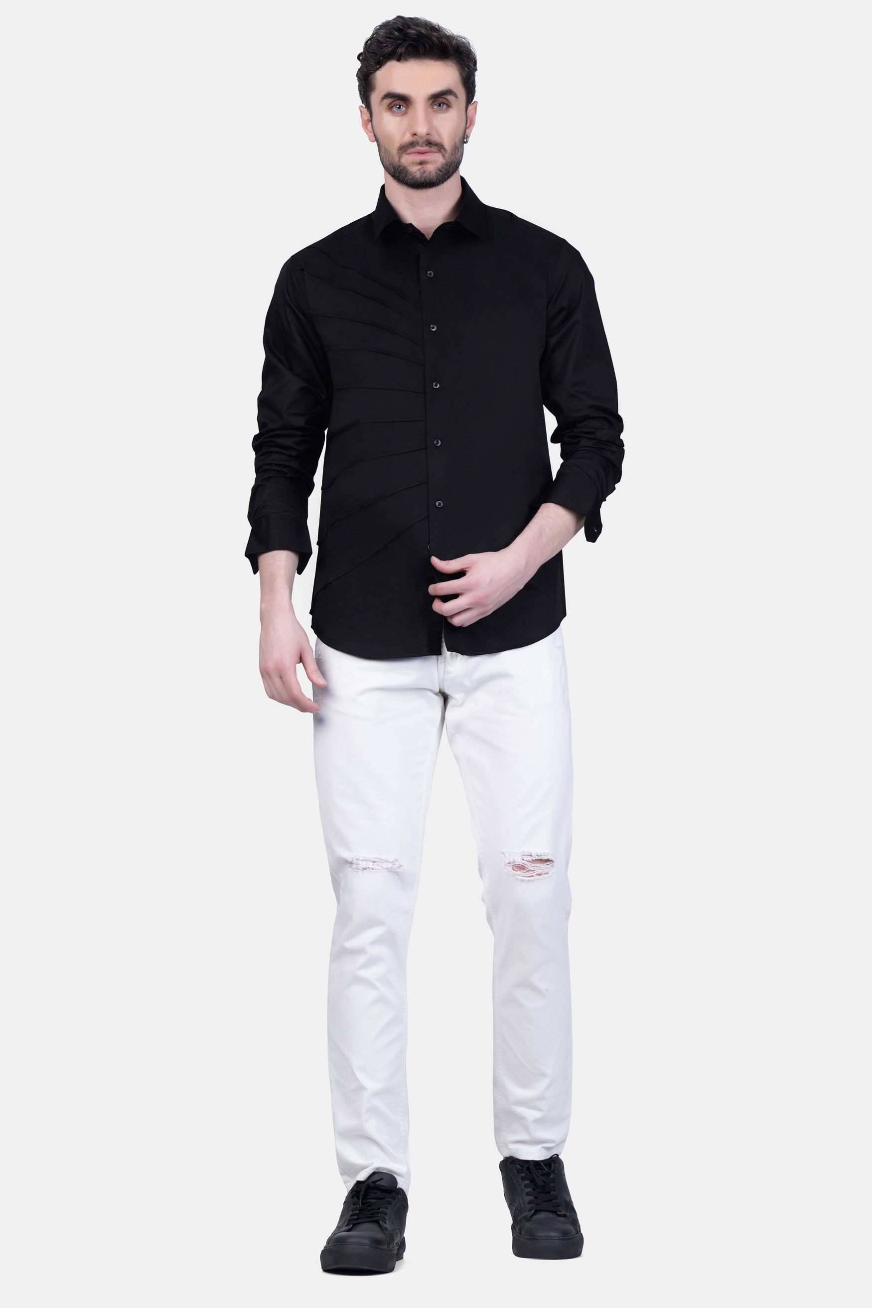 Jade Black Tucks Subtle Sheen Super Soft Premium Cotton Designer Shirt