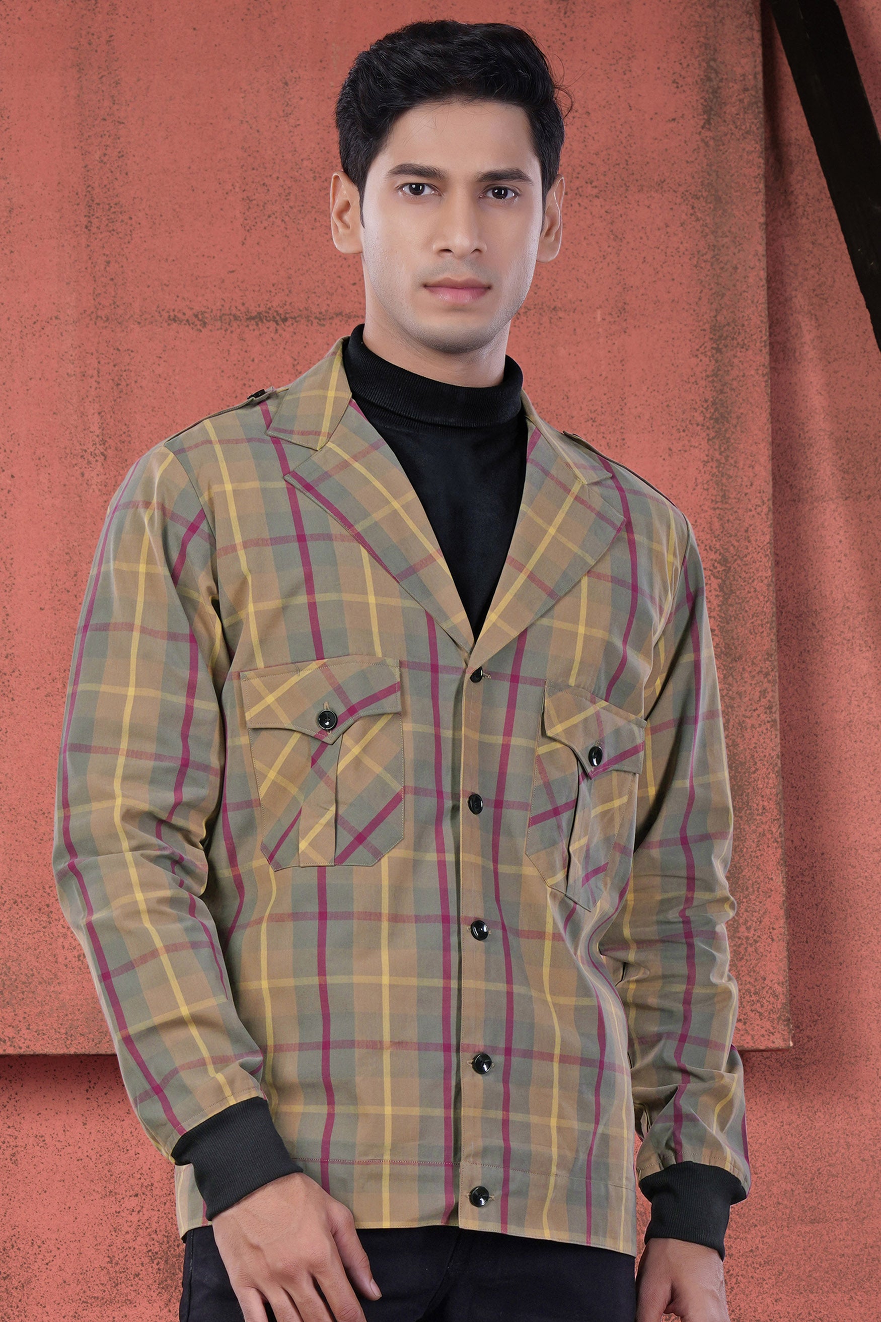 Stone Brown and Raspberry Pink Twill Plaid Premium Cotton Designer Jacket