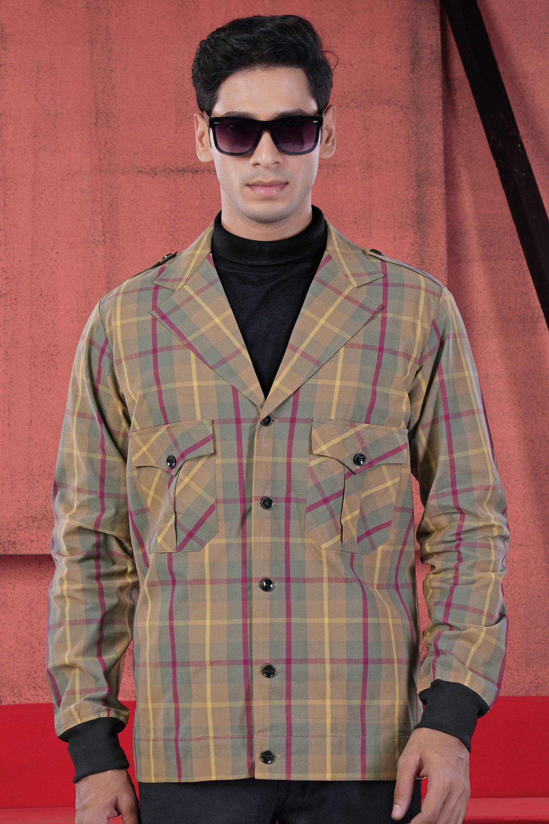 Stone Brown and Raspberry Pink Twill Plaid Premium Cotton Designer Jacket