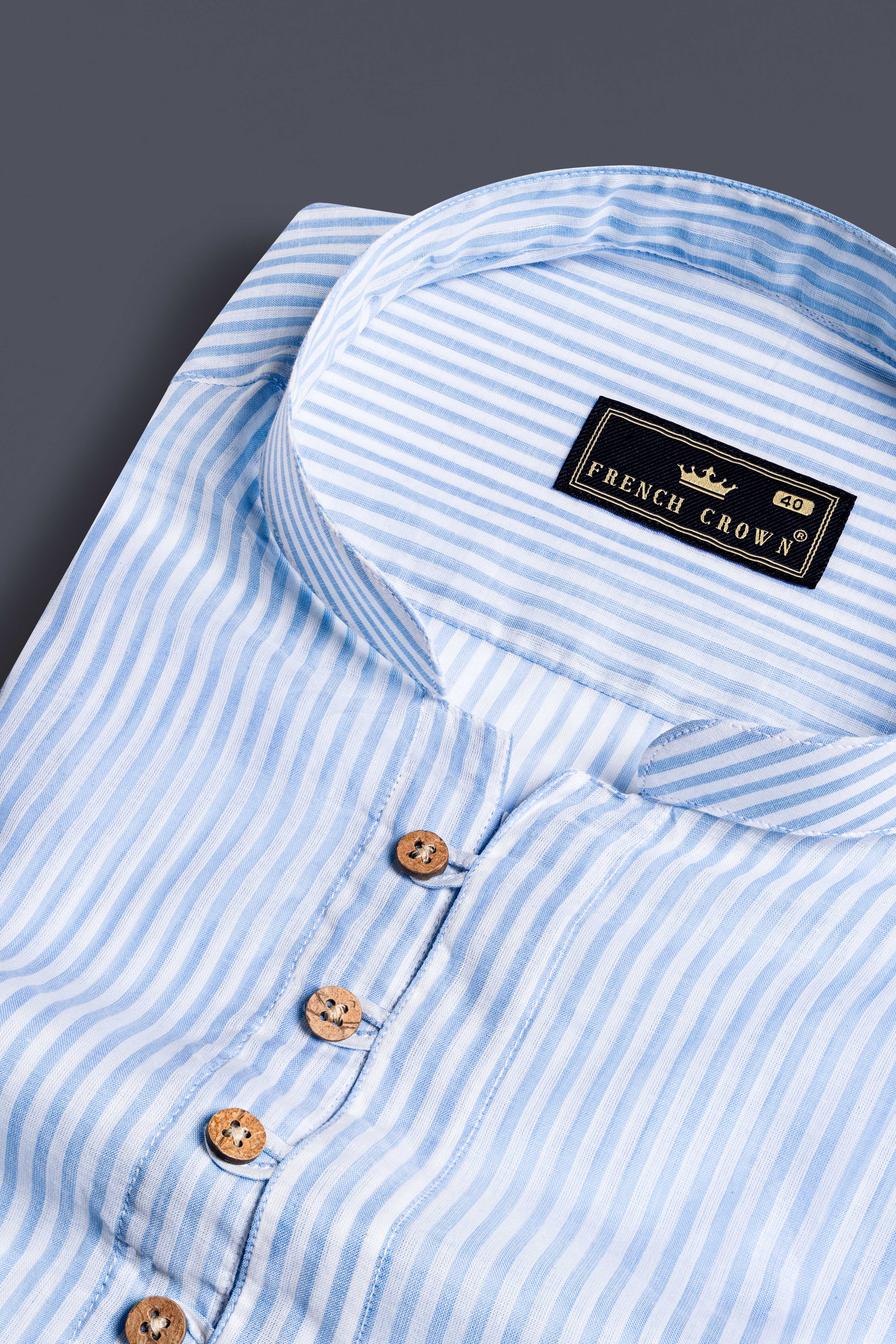 Bright White and Glacier Blue Striped Premium Cotton Kurta Shirt
