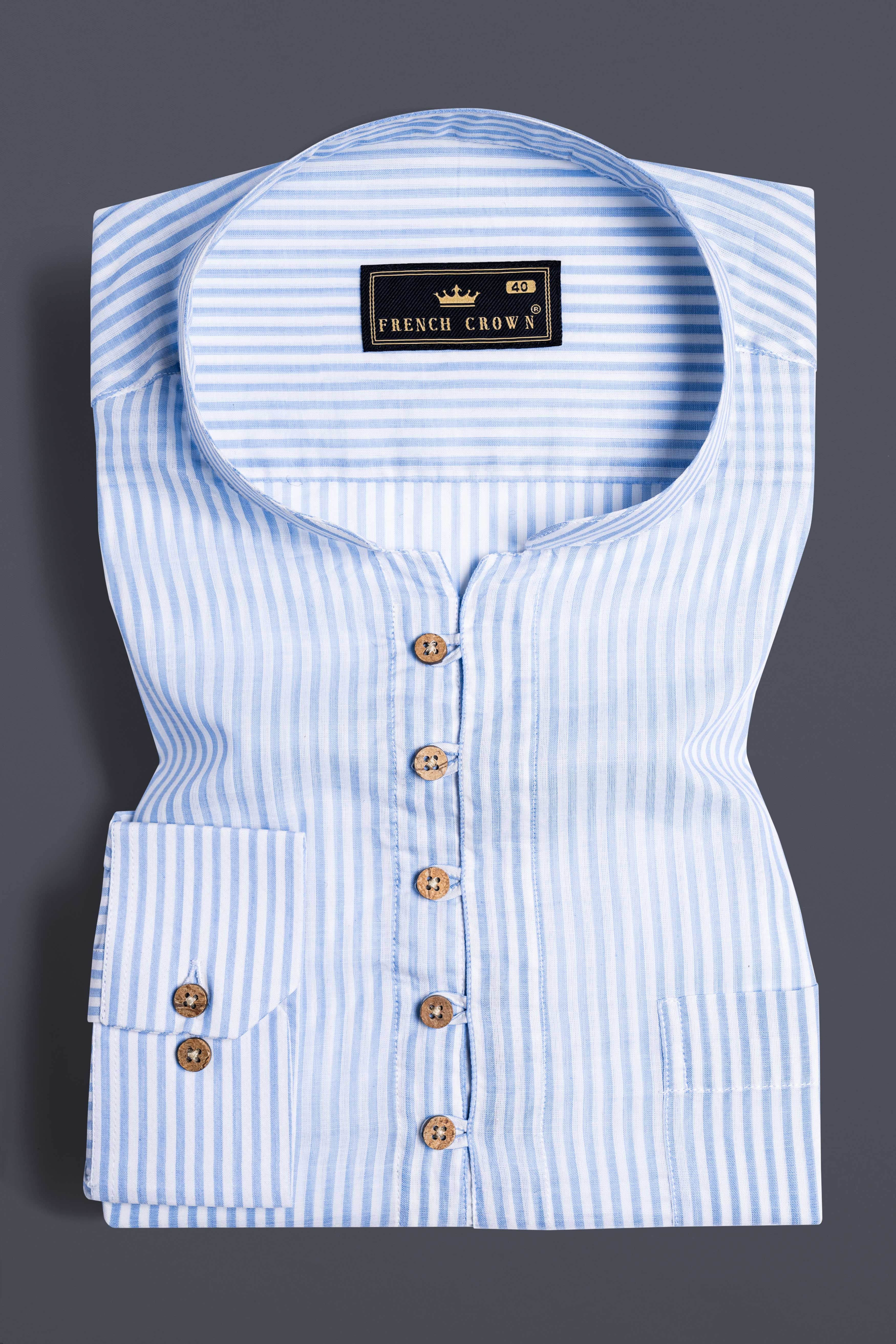 Bright White and Glacier Blue Striped Premium Cotton Kurta Shirt