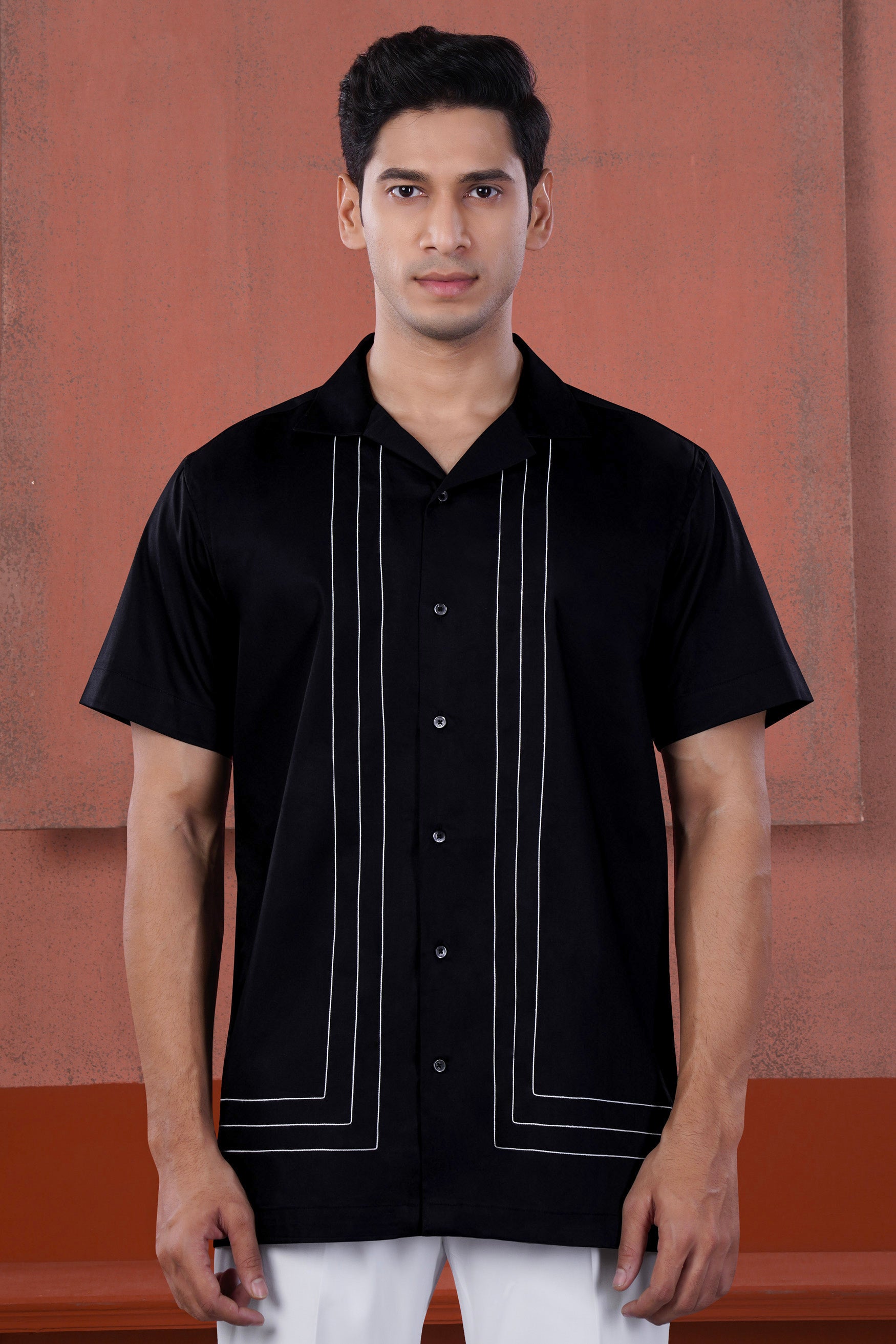 Jade Black with White Lines Stitched Subtle Sheen Super Soft Premium Cotton Designer Shirt