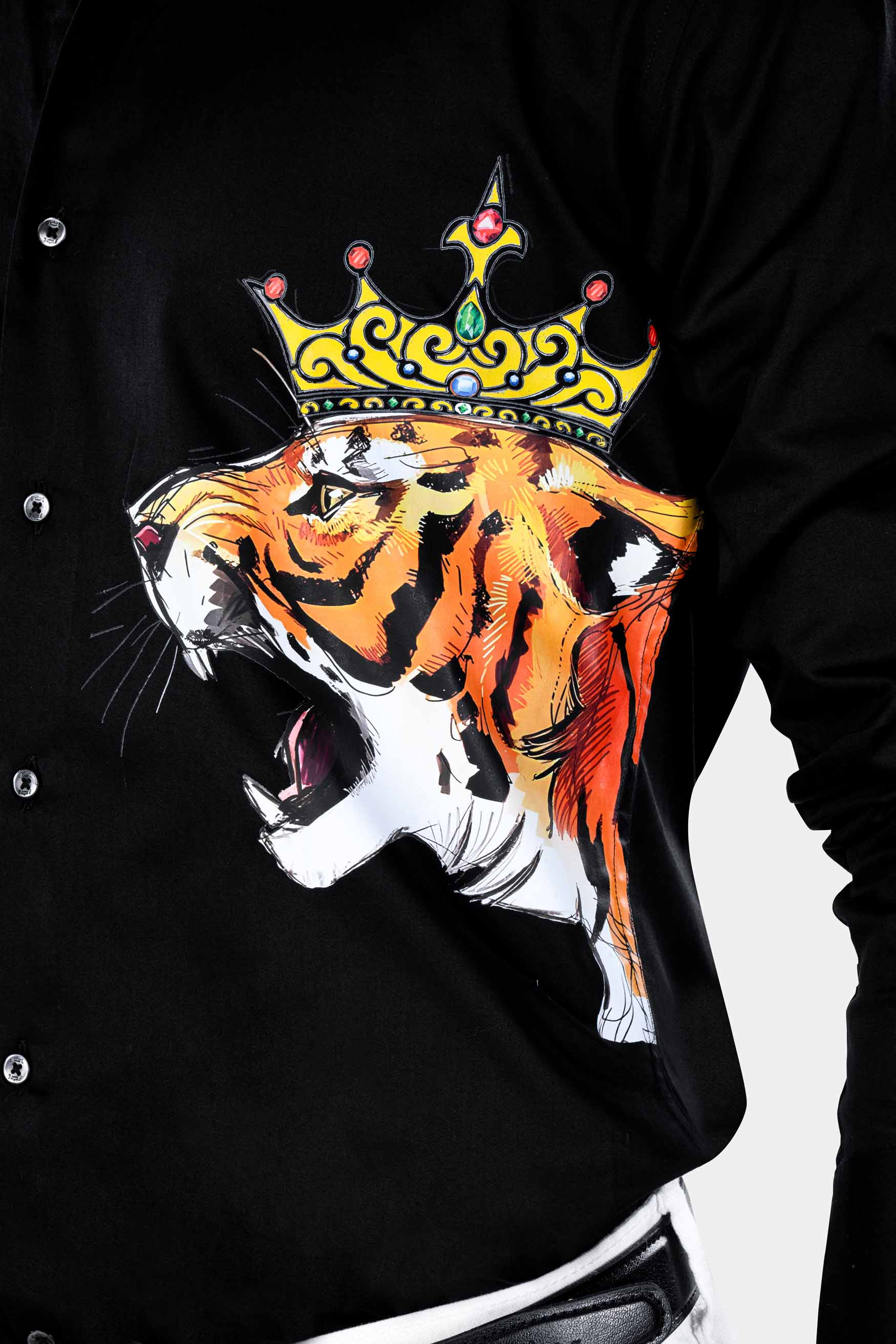 Jade Black Brand Elements with Tiger Printed Subtle Sheen Super Soft Premium Cotton Designer Shirt 12117-BLK-RPRT124-38, 12117-BLK-RPRT124-H-38, 12117-BLK-RPRT124-39, 12117-BLK-RPRT124-H-39, 12117-BLK-RPRT124-40, 12117-BLK-RPRT124-H-40, 12117-BLK-RPRT124-42, 12117-BLK-RPRT124-H-42, 12117-BLK-RPRT124-44, 12117-BLK-RPRT124-H-44, 12117-BLK-RPRT124-46, 12117-BLK-RPRT124-H-46, 12117-BLK-RPRT124-48, 12117-BLK-RPRT124-H-48, 12117-BLK-RPRT124-50, 12117-BLK-RPRT124-H-50, 12117-BLK-RPRT124-52, 12117-BLK-RPRT124-H-52