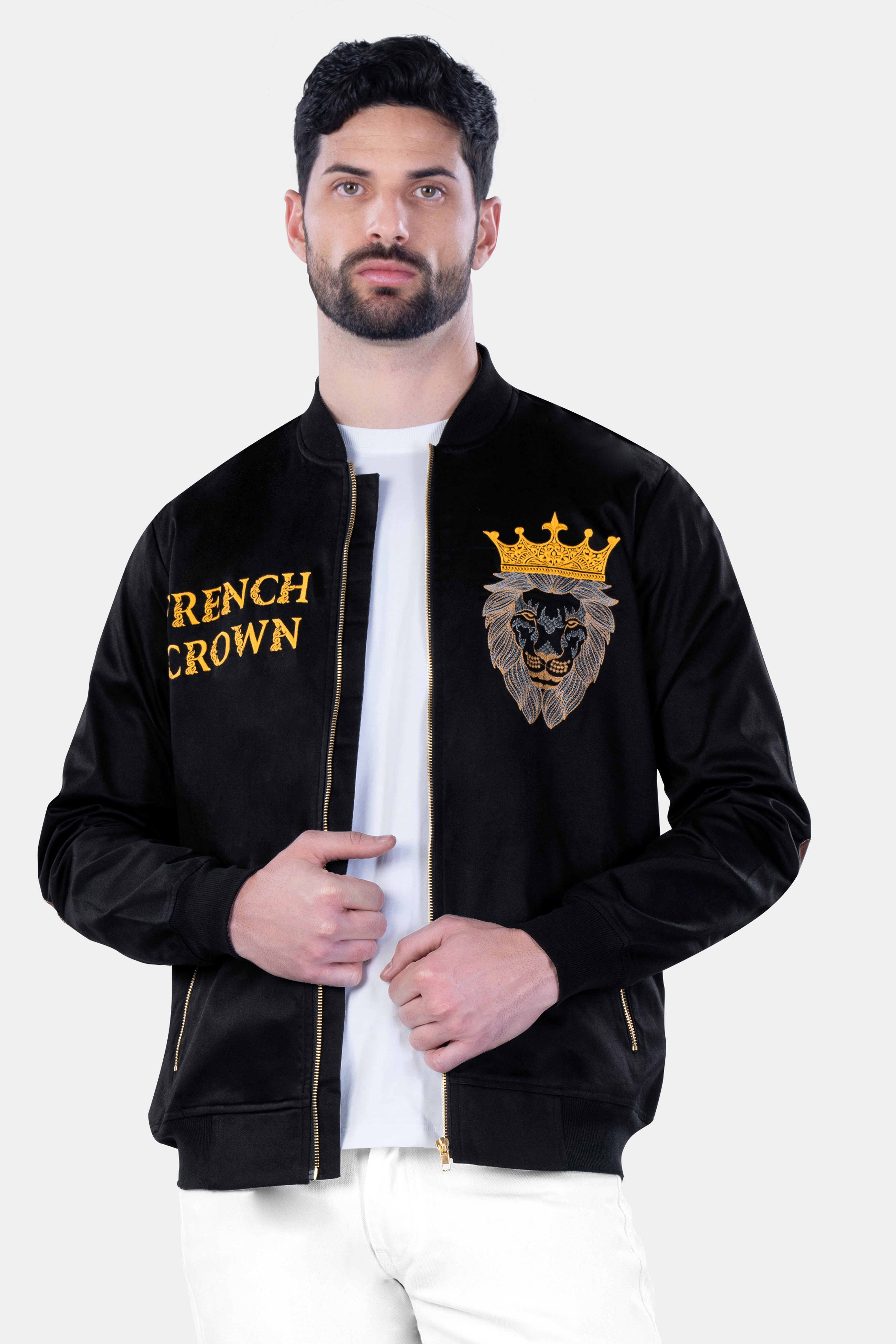Jade Black French Crown Embroidered Premium Cotton Signature Bomber Jacket