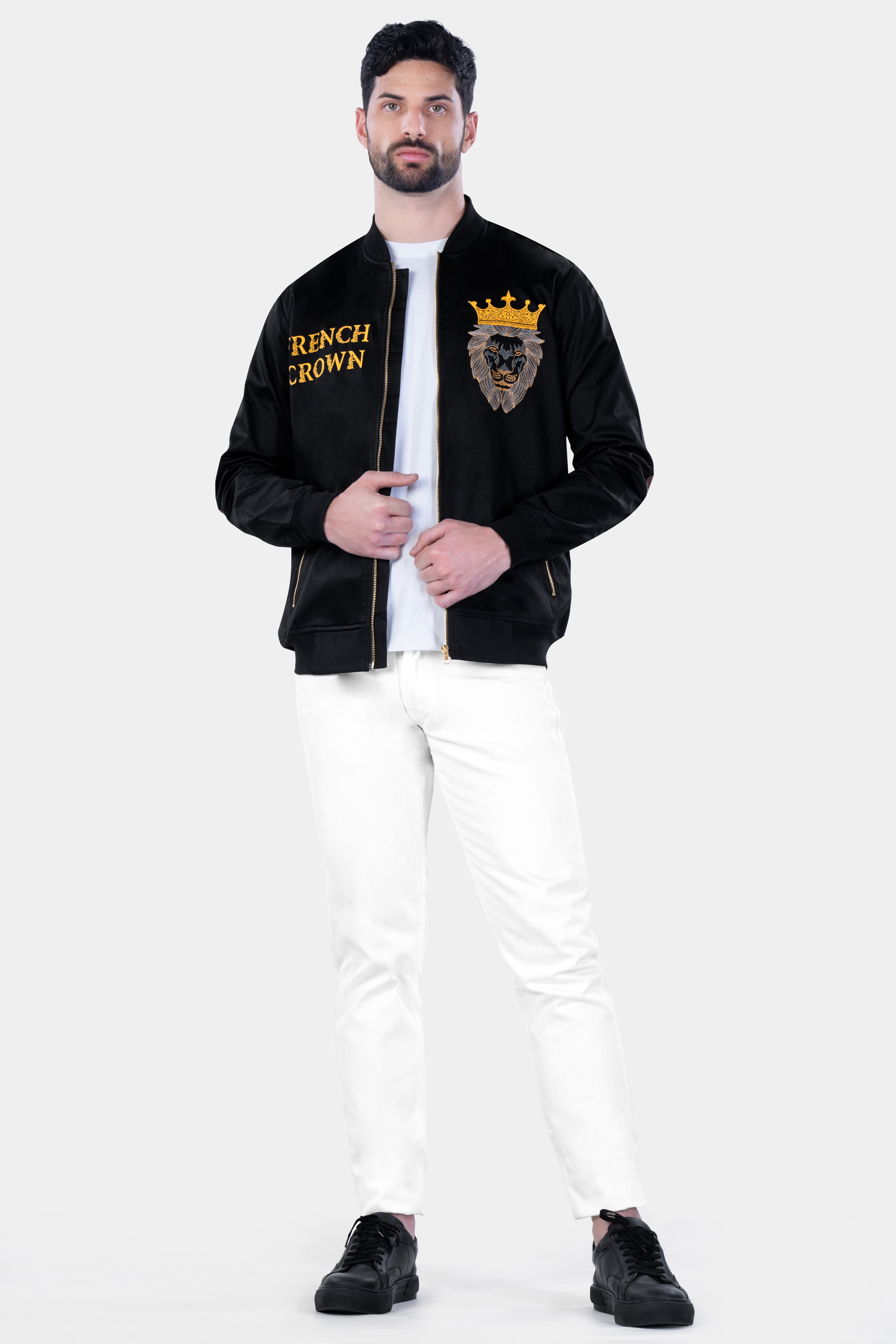 Jade Black French Crown Embroidered Premium Cotton Signature Bomber Jacket