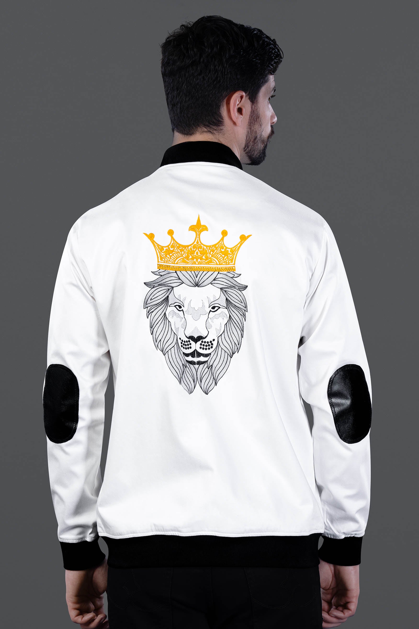 Bright White Lion Embroidered Chambray Designer Bomber Jacket
