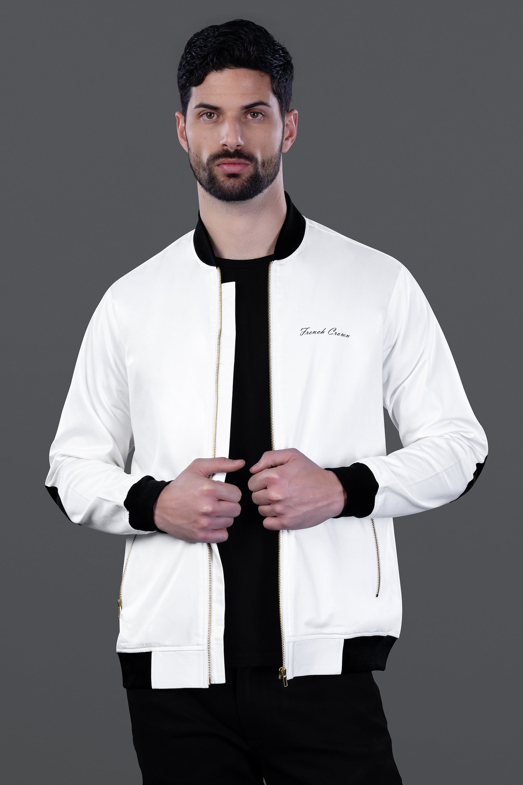 Bright White Lion Embroidered Chambray Designer Bomber Jacket