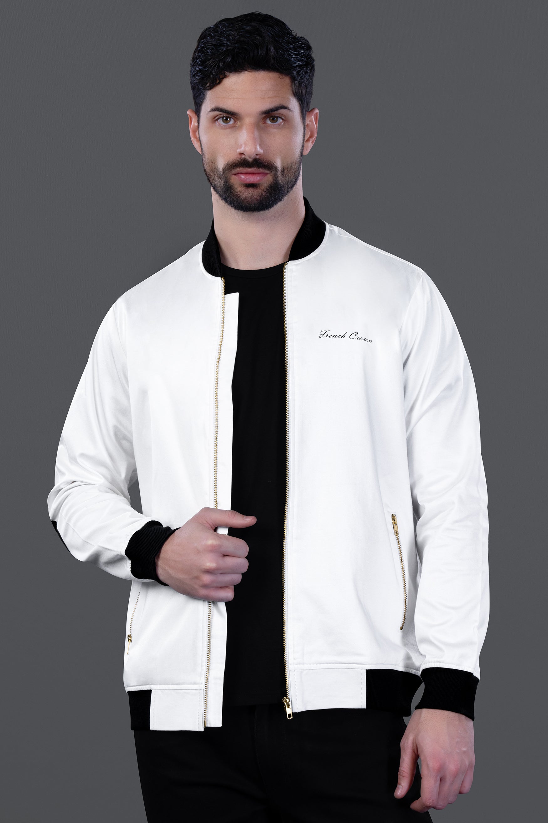 Bright White Lion Embroidered Chambray Designer Bomber Jacket