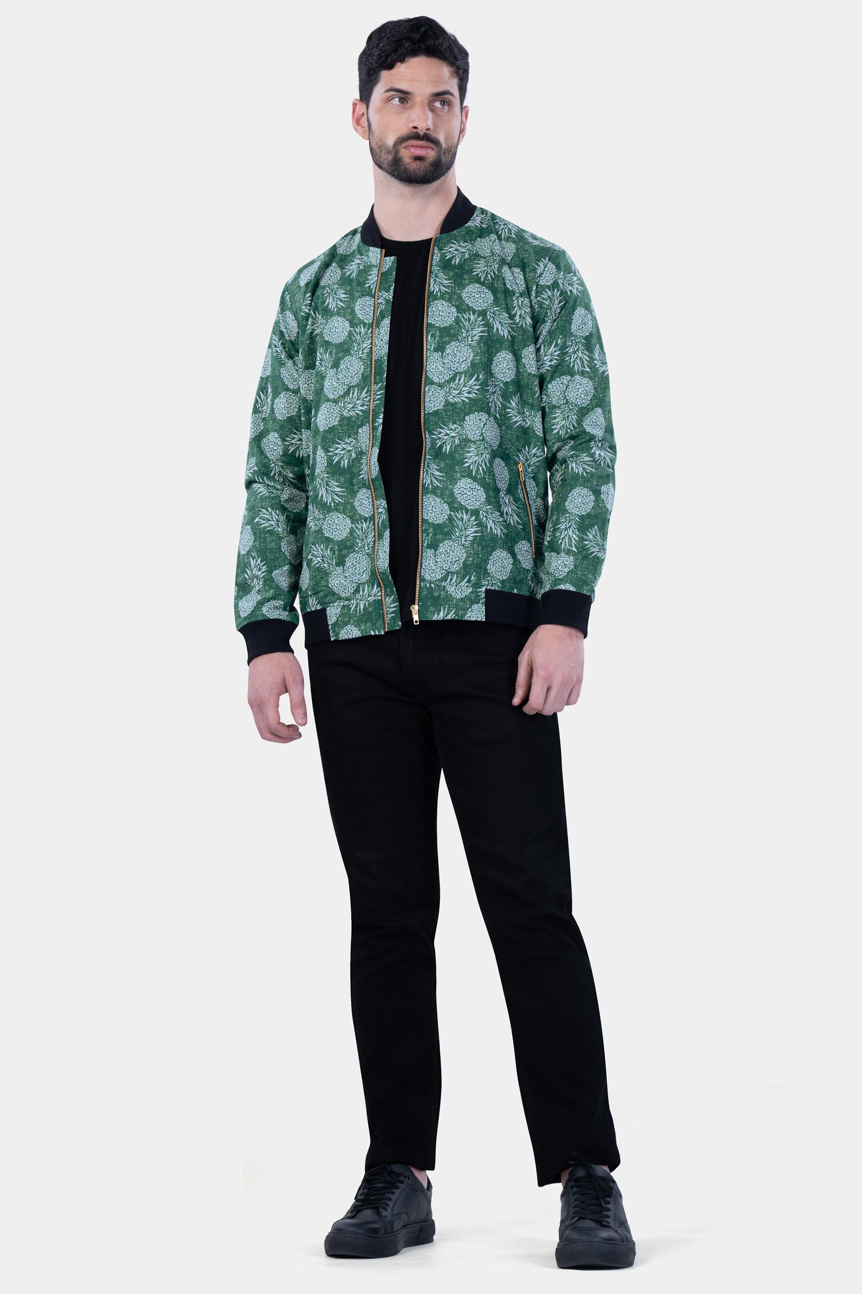 Plantation Green Pineapple Printed Premium Cotton Bomber Jacket