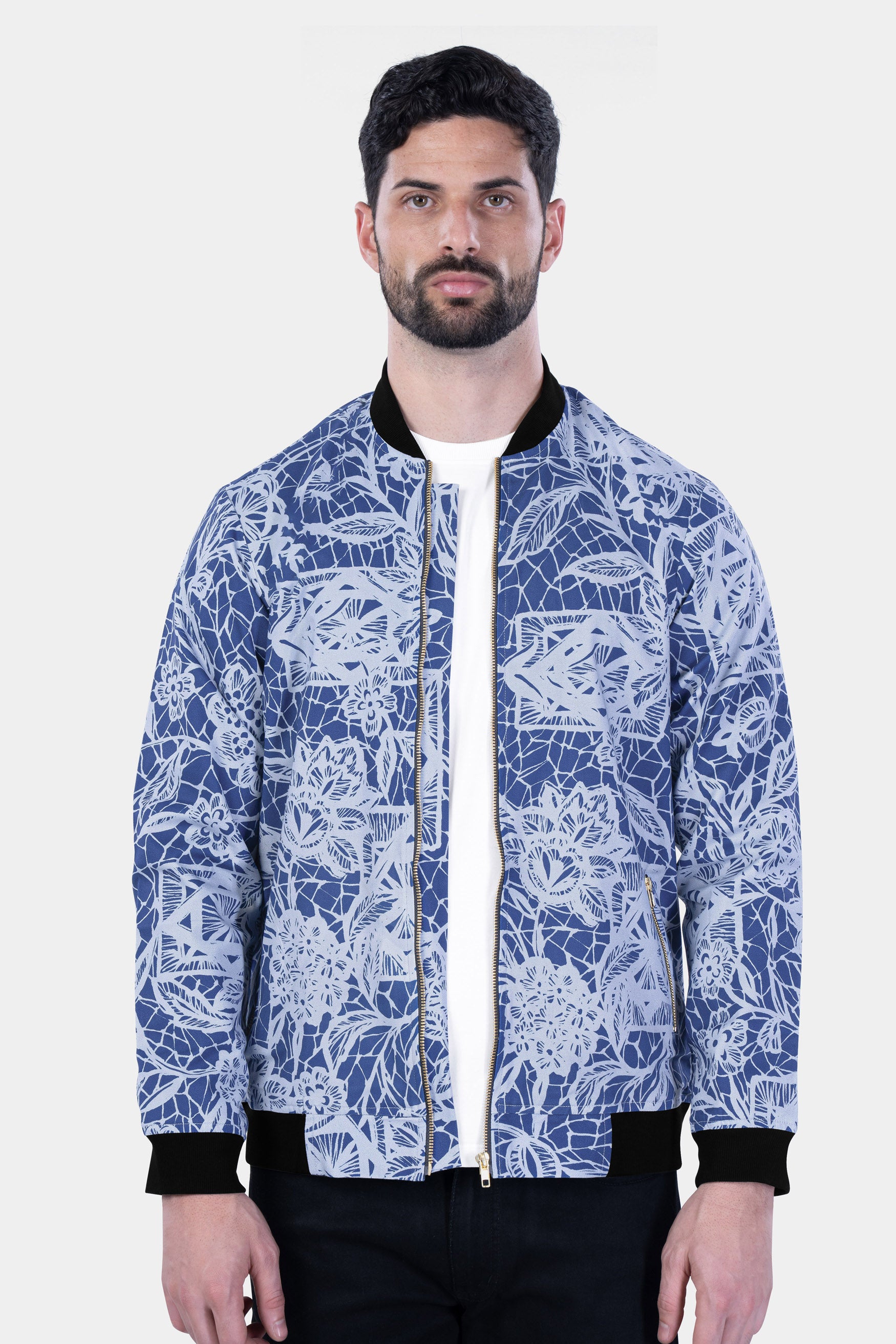 Dusk Blue and Mischka Gray Floral Printed Premium Cotton Bomber Jacket