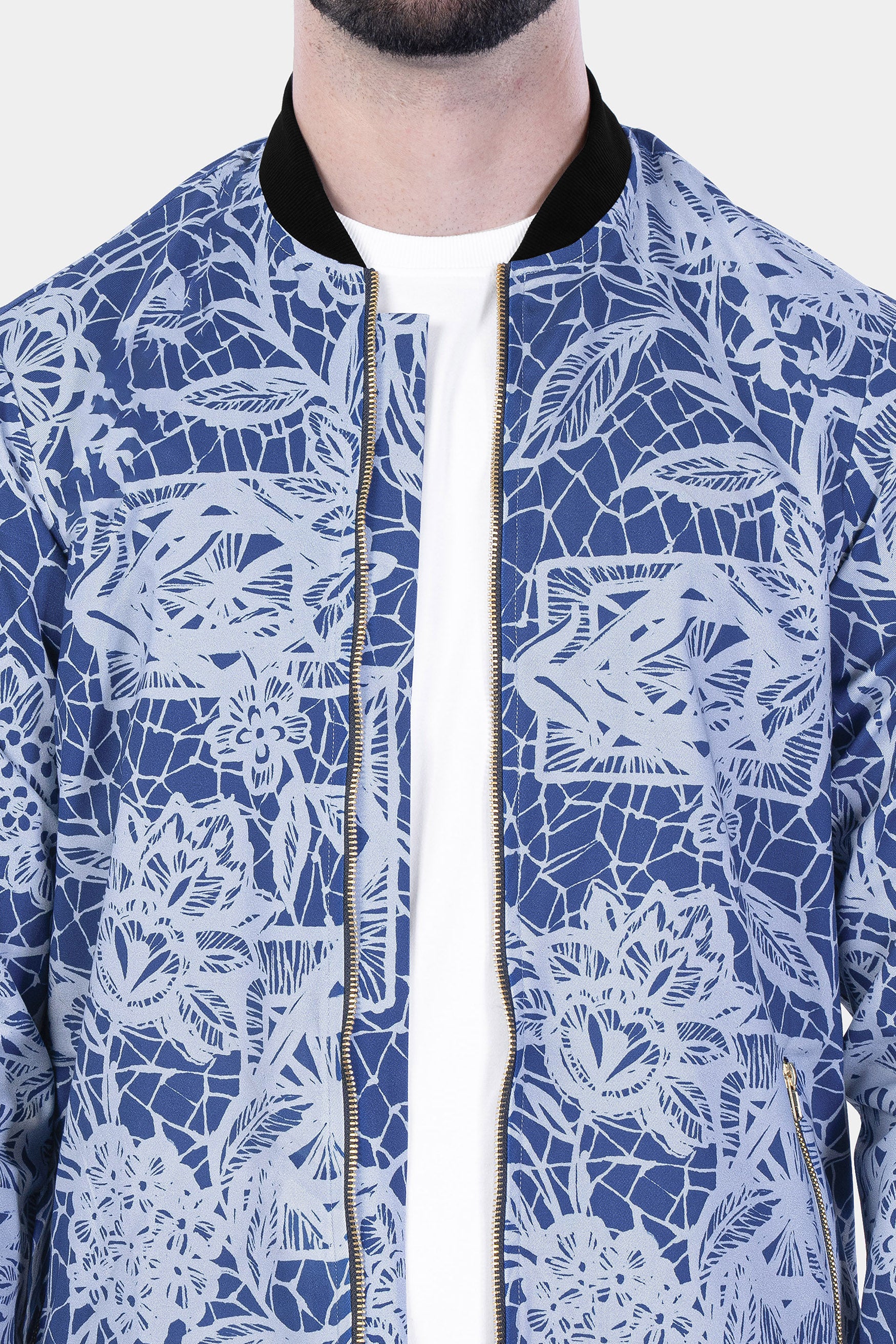 Dusk Blue and Mischka Gray Floral Printed Premium Cotton Bomber Jacket