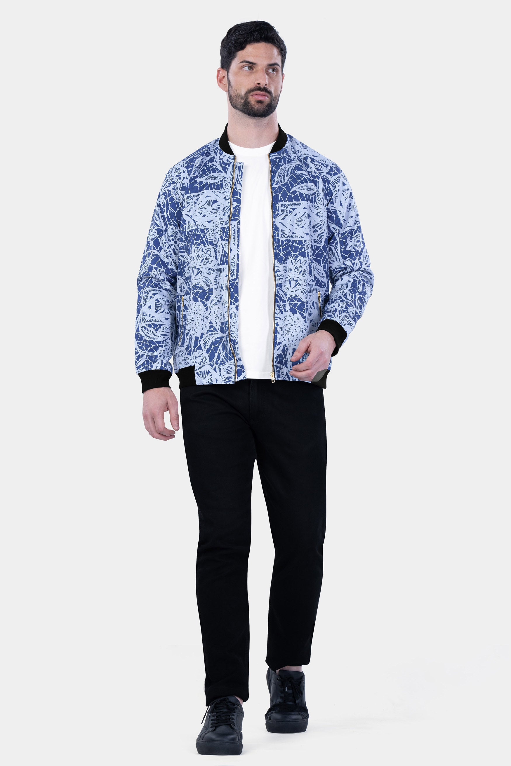 Dusk Blue and Mischka Gray Floral Printed Premium Cotton Bomber Jacket