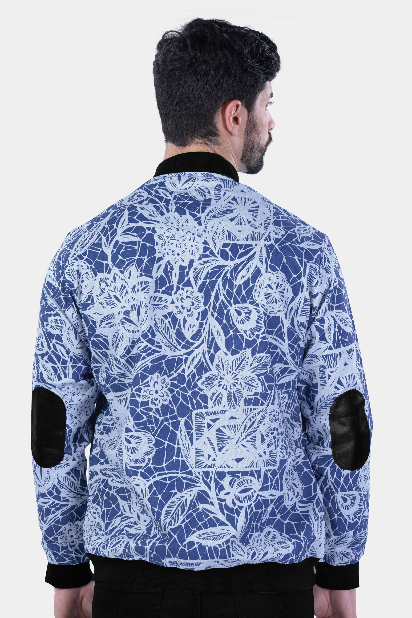 Dusk Blue and Mischka Gray Floral Printed Premium Cotton Bomber Jacket