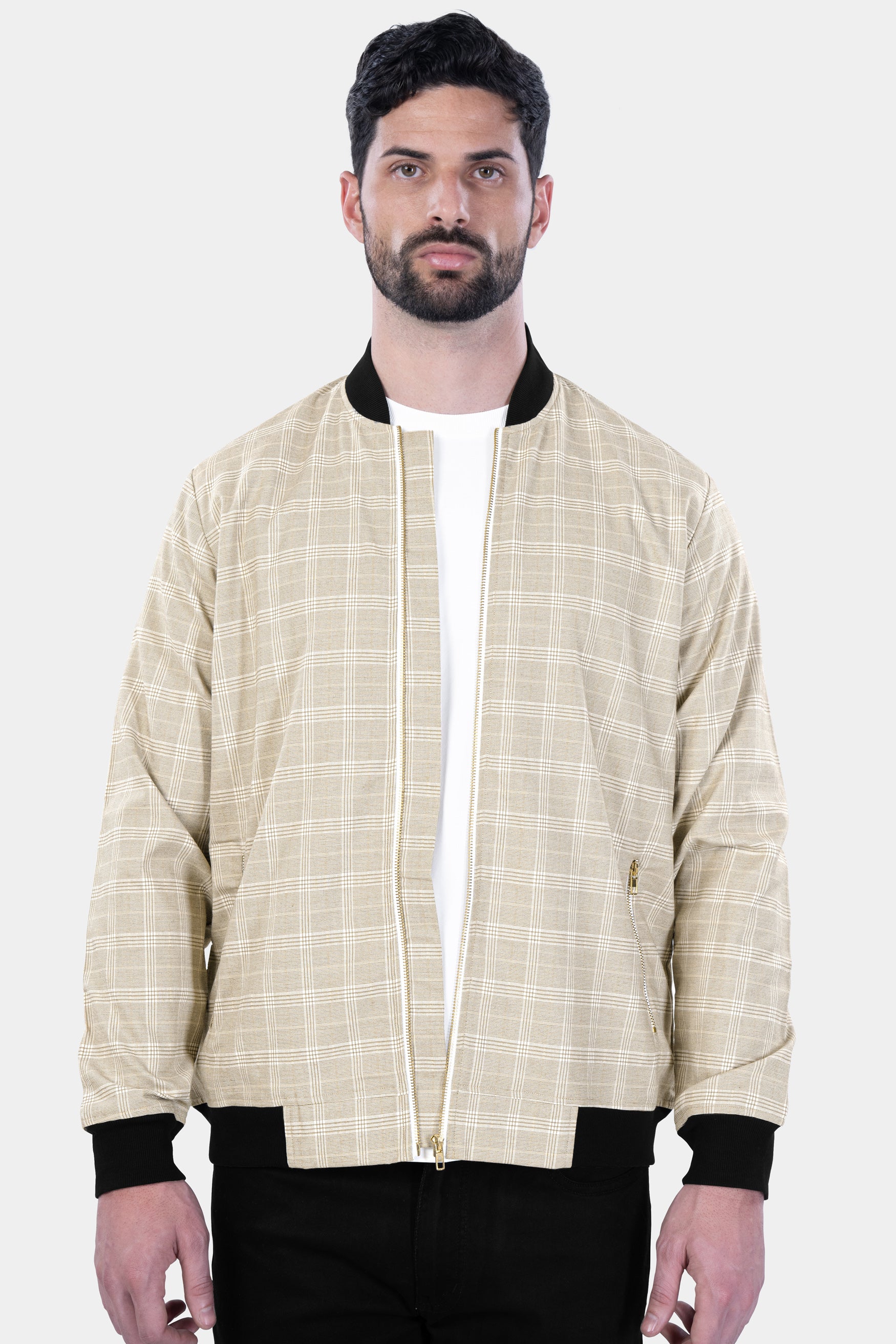 Soft Amber Beige Plaid Premium Cotton Jacket