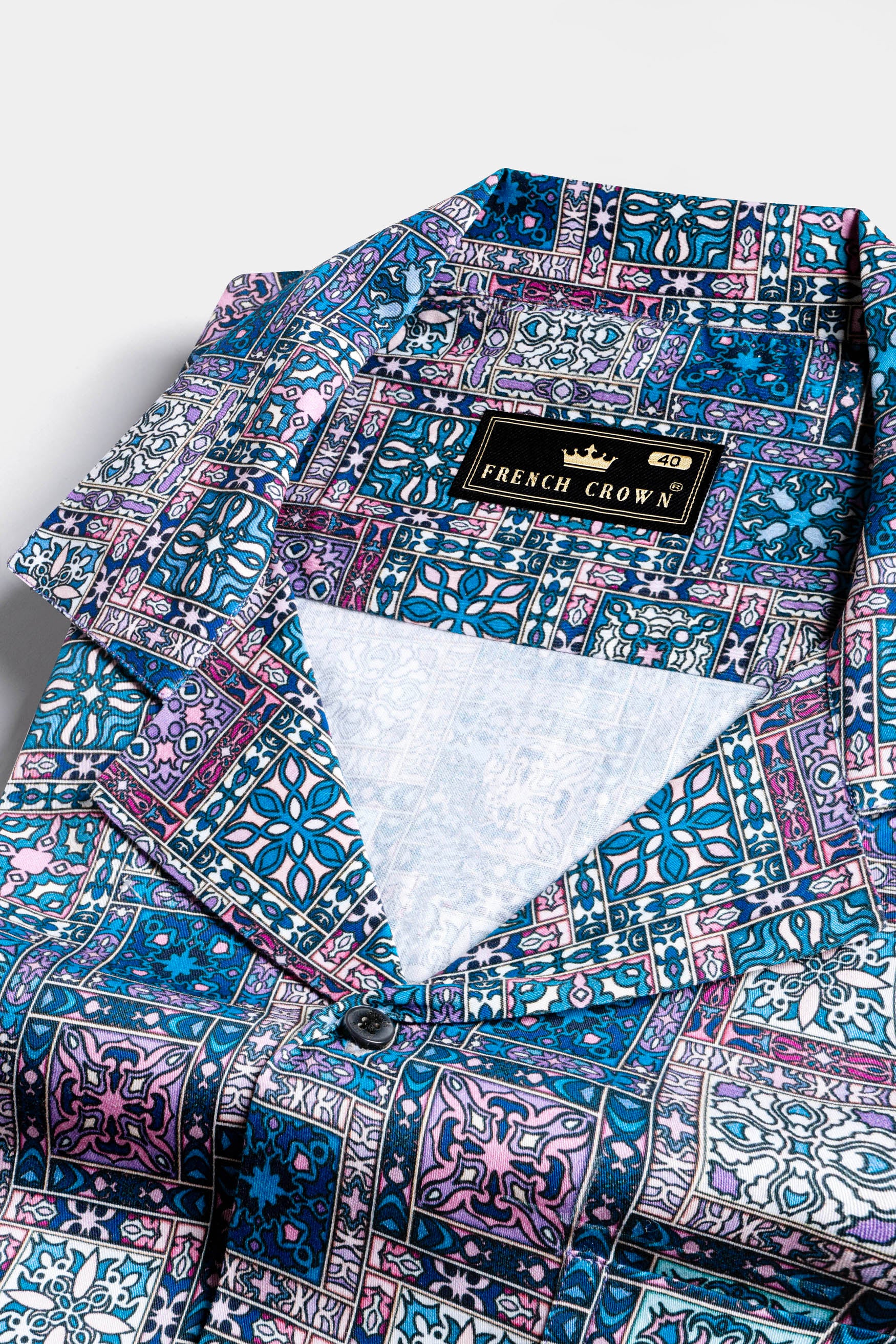 Regal Blue and Lilac Lavender Multicolour Tile Printed Subtle Sheen Super Soft Premium Cotton Designer Shirt 12186-CC-BLK-SS-38, 12186-CC-BLK-SS-39, 12186-CC-BLK-SS-40, 12186-CC-BLK-SS-42, 12186-CC-BLK-SS-44, 12186-CC-BLK-SS-46, 12186-CC-BLK-SS-48, 12186-CC-BLK-SS-50, 12186-CC-BLK-SS-52