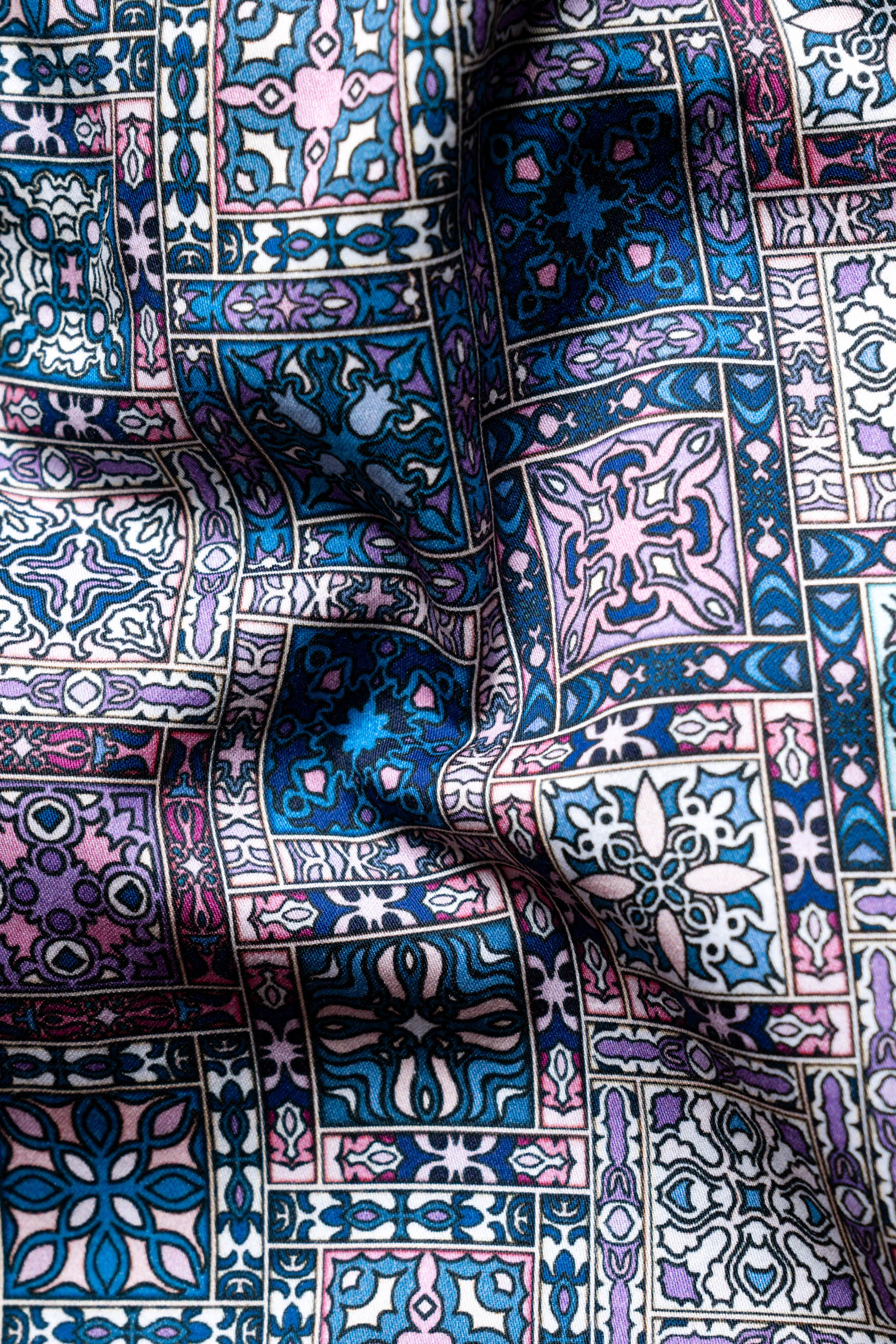 Regal Blue and Lilac Lavender Multicolour Tile Printed Subtle Sheen Super Soft Premium Cotton Designer Shirt 12186-CC-BLK-SS-38, 12186-CC-BLK-SS-39, 12186-CC-BLK-SS-40, 12186-CC-BLK-SS-42, 12186-CC-BLK-SS-44, 12186-CC-BLK-SS-46, 12186-CC-BLK-SS-48, 12186-CC-BLK-SS-50, 12186-CC-BLK-SS-52