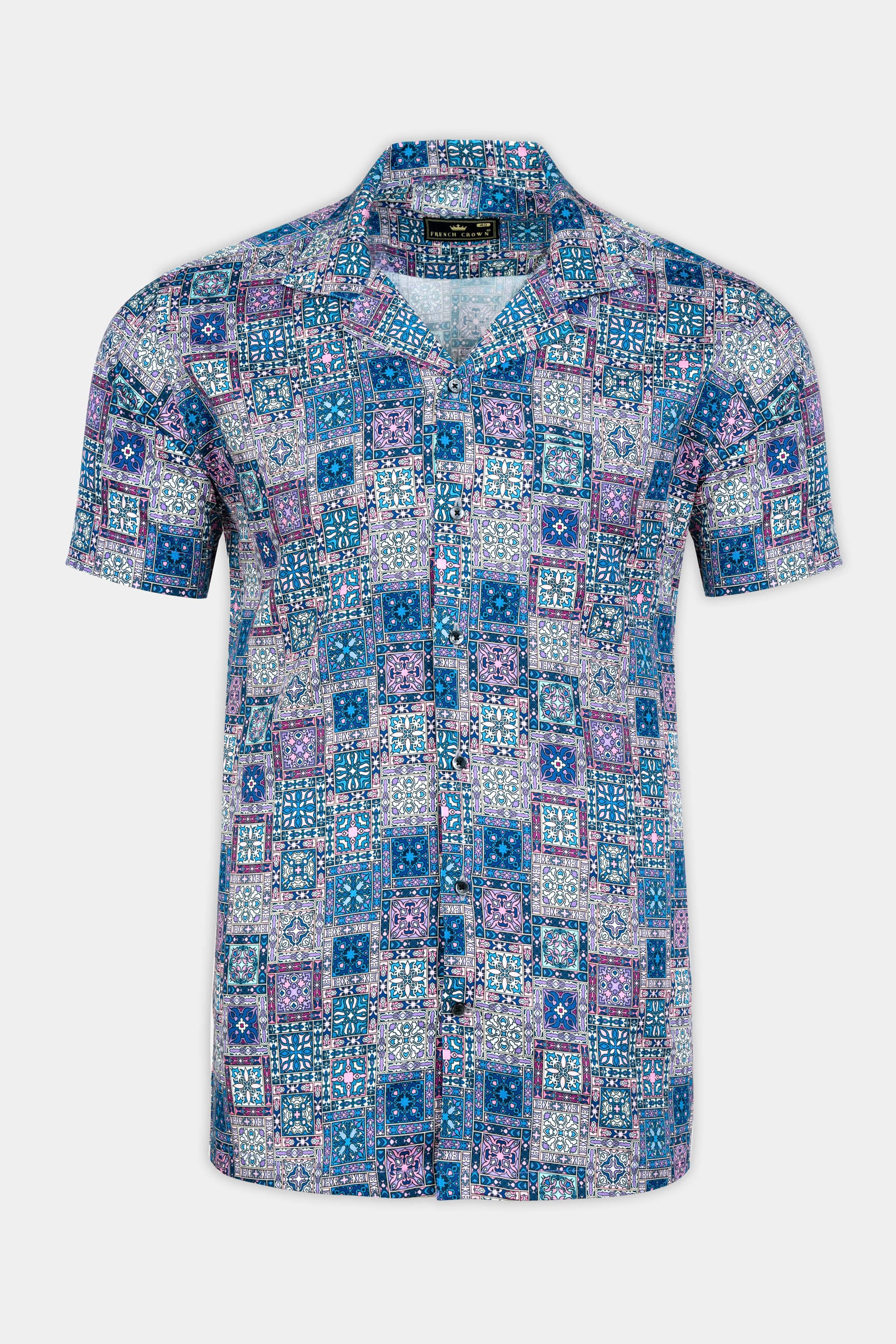 Regal Blue and Lilac Lavender Multicolour Tile Printed Subtle Sheen Super Soft Premium Cotton Designer Shirt 12186-CC-BLK-SS-38, 12186-CC-BLK-SS-39, 12186-CC-BLK-SS-40, 12186-CC-BLK-SS-42, 12186-CC-BLK-SS-44, 12186-CC-BLK-SS-46, 12186-CC-BLK-SS-48, 12186-CC-BLK-SS-50, 12186-CC-BLK-SS-52