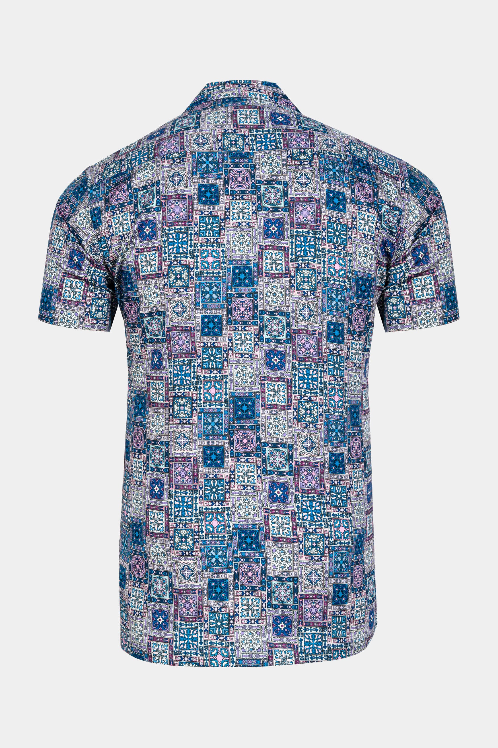 Regal Blue and Lilac Lavender Multicolour Tile Printed Subtle Sheen Super Soft Premium Cotton Designer Shirt 12186-CC-BLK-SS-38, 12186-CC-BLK-SS-39, 12186-CC-BLK-SS-40, 12186-CC-BLK-SS-42, 12186-CC-BLK-SS-44, 12186-CC-BLK-SS-46, 12186-CC-BLK-SS-48, 12186-CC-BLK-SS-50, 12186-CC-BLK-SS-52