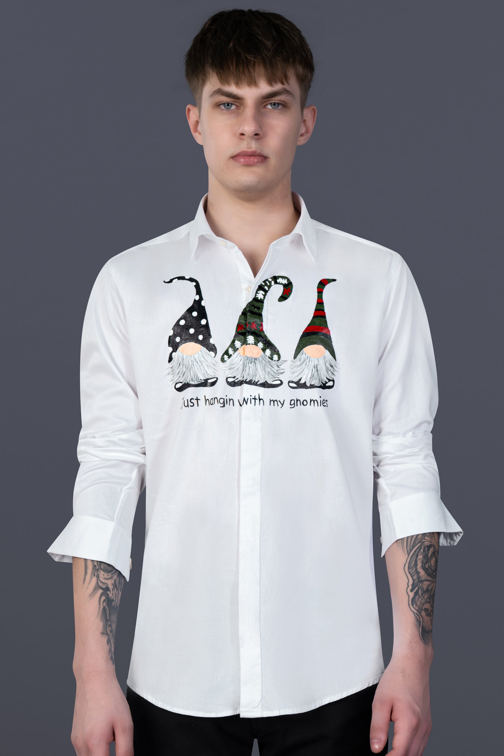 Bright White Christmas Gnomes Hand Painted Subtle Sheen Super Soft Premium Cotton Designer Shirt