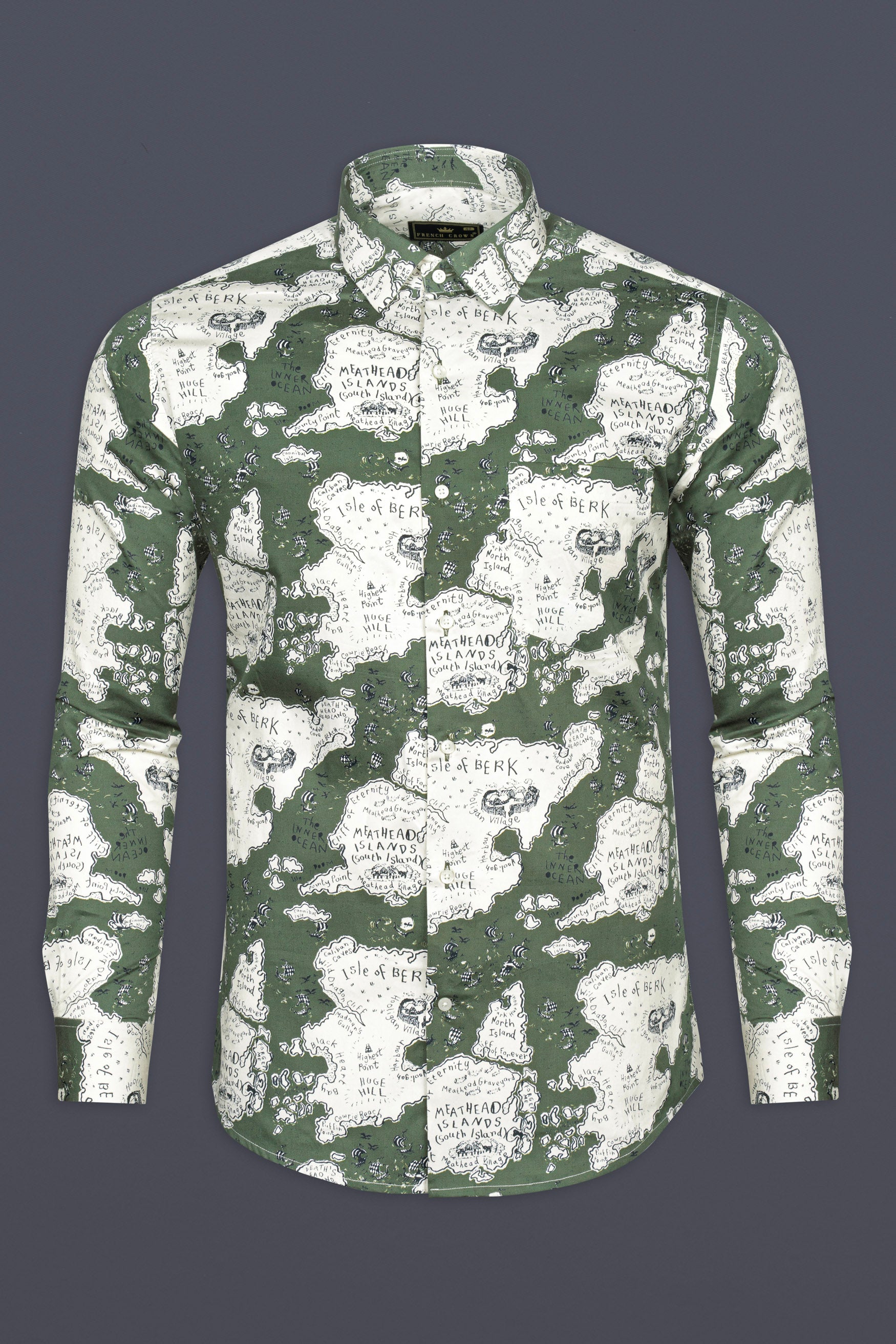 Dune Green and Spring Cream Map Printed Subtle Sheen Super Soft Premium Cotton Designer Shirt 12252-38, 12252-H-38, 12252-39, 12252-H-39, 12252-40, 12252-H-40, 12252-42, 12252-H-42, 12252-44, 12252-H-44, 12252-46, 12252-H-46, 12252-48, 12252-H-48, 12252-50, 12252-H-50, 12252-52, 12252-H-52