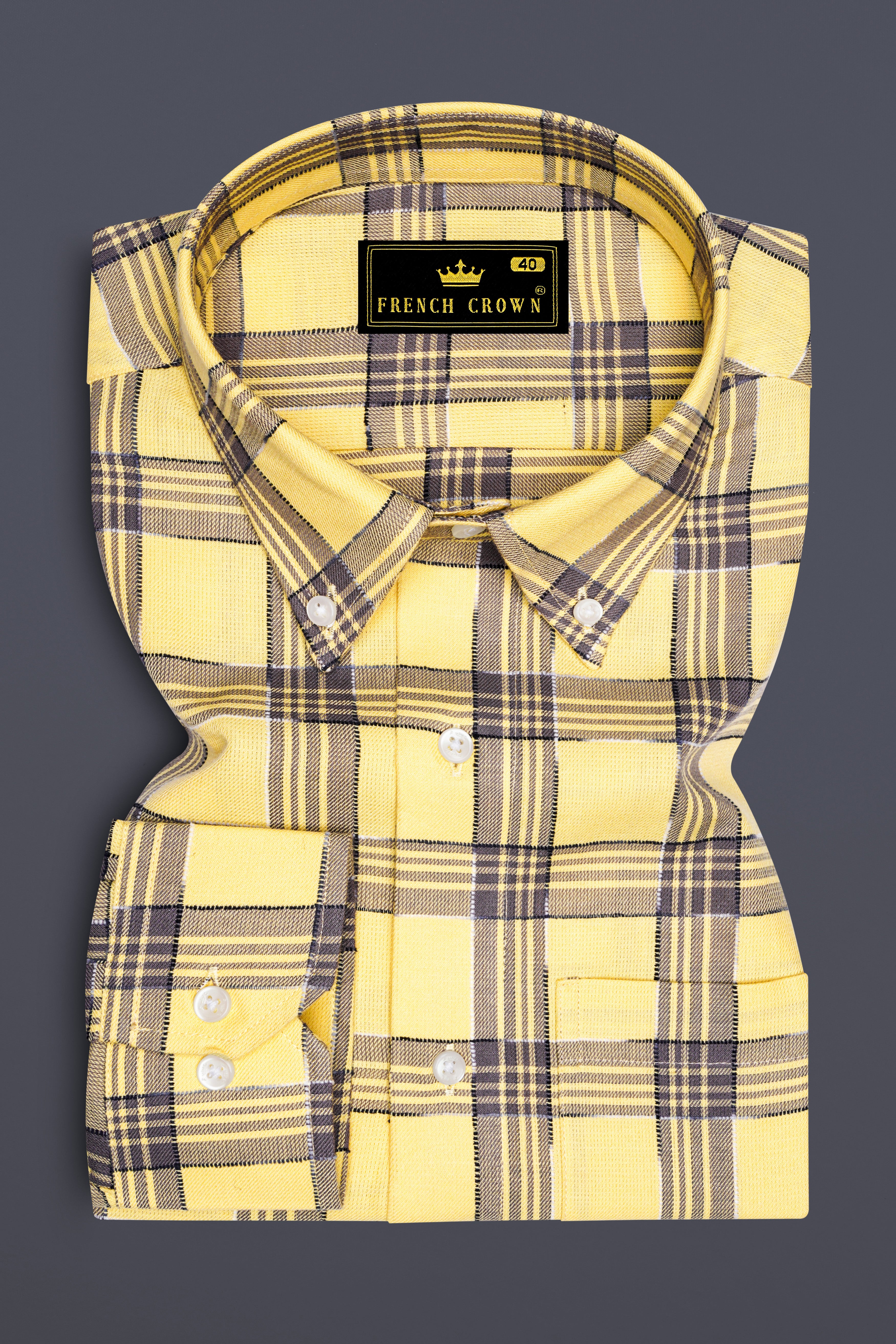 Maize Yellow And Dolphin Gray Checked  Dobby Textured Premium Giza Cotton Shirt
