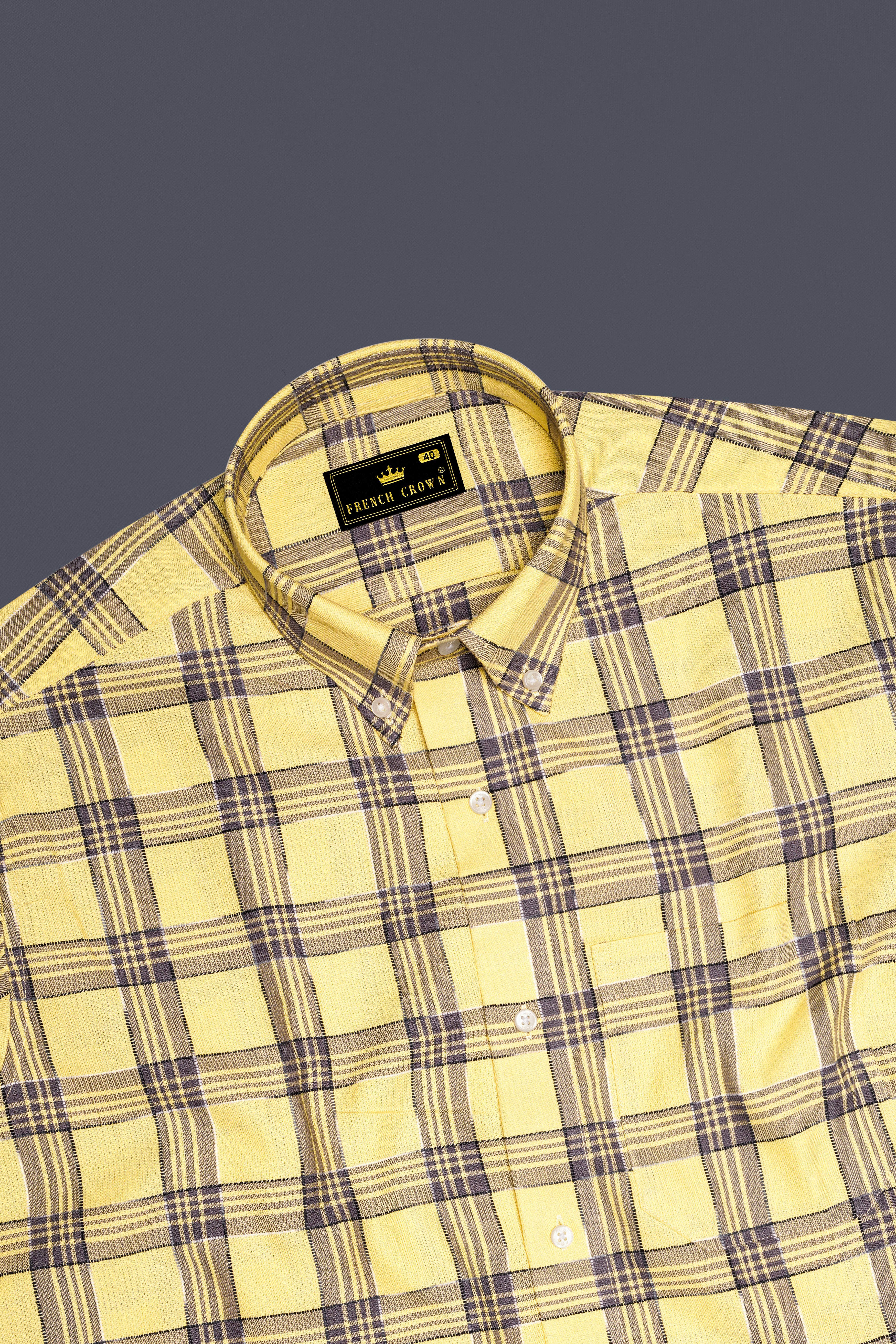 Maize Yellow And Dolphin Gray Checked  Dobby Textured Premium Giza Cotton Shirt
