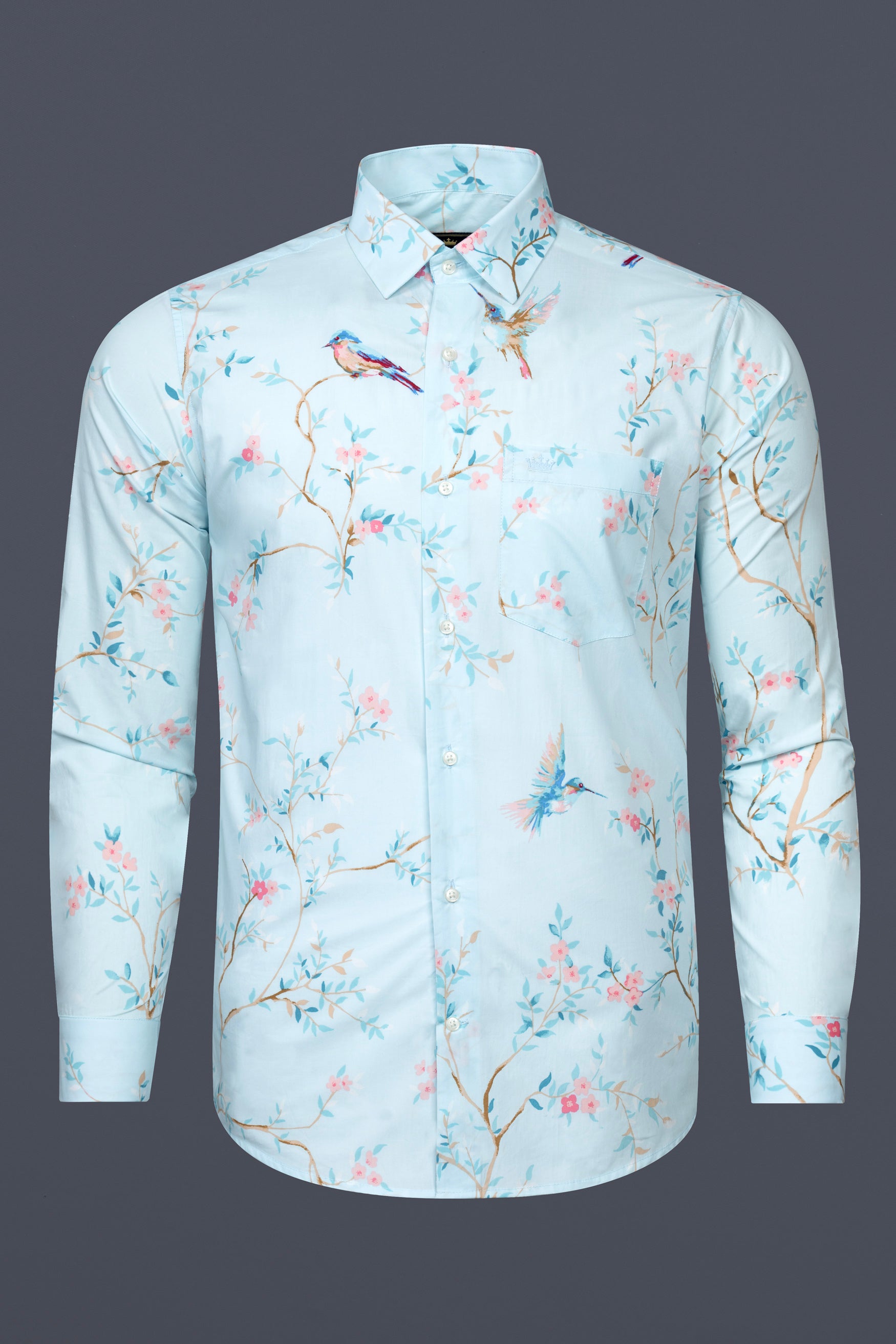 Botticelli Blue with Oyster Pink Flowers and Sparrows Printed Super Soft Premium Cotton Shirt 12477-38, 12477-H-38, 12477-39, 12477-H-39, 12477-40, 12477-H-40, 12477-42, 12477-H-42, 12477-44, 12477-H-44, 12477-46, 12477-H-46, 12477-48, 12477-H-48, 12477-50, 12477-H-50, 12477-52, 12477-H-52