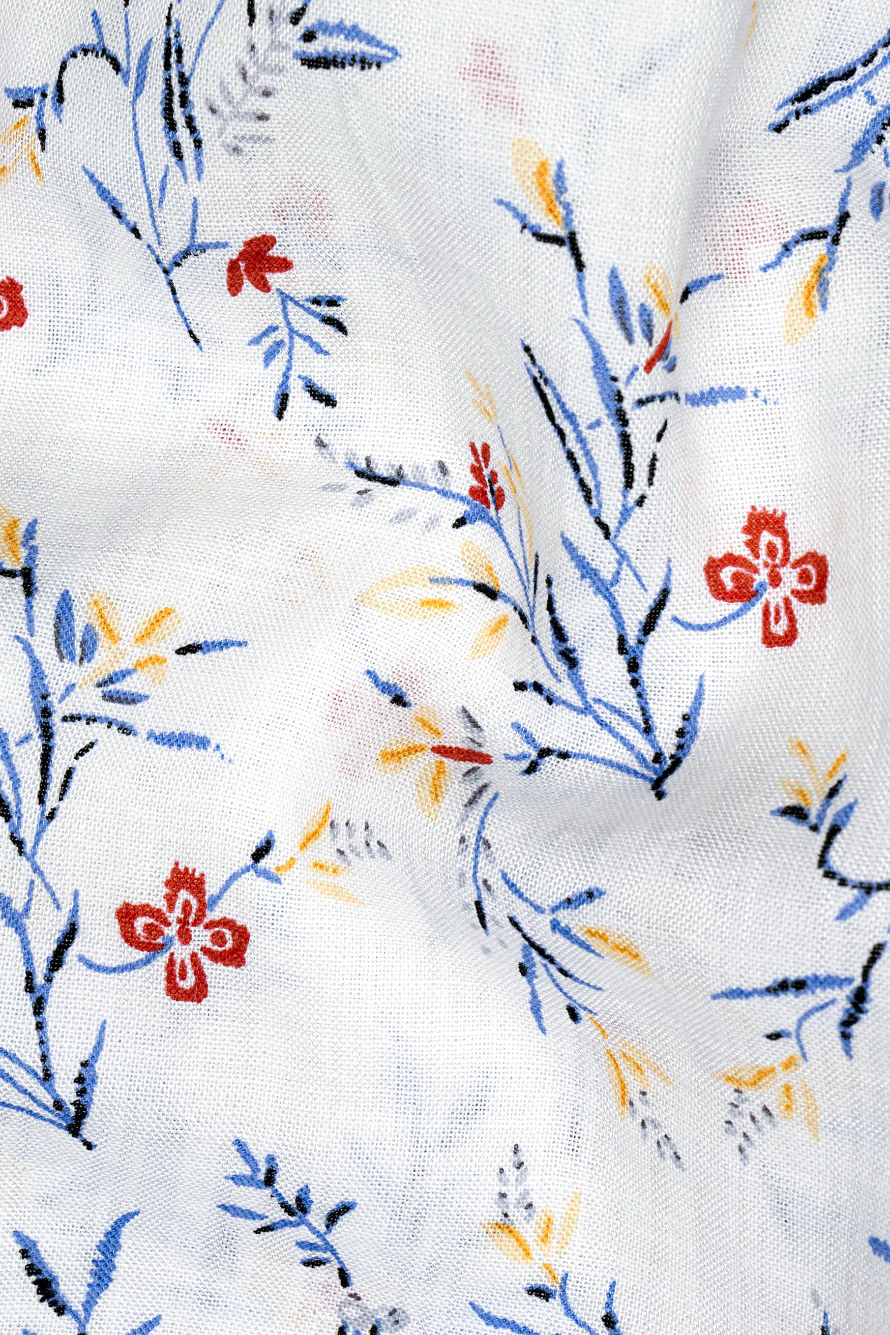 Bright White Flower Printed Lightweight Poplin Giza Cotton Shirt