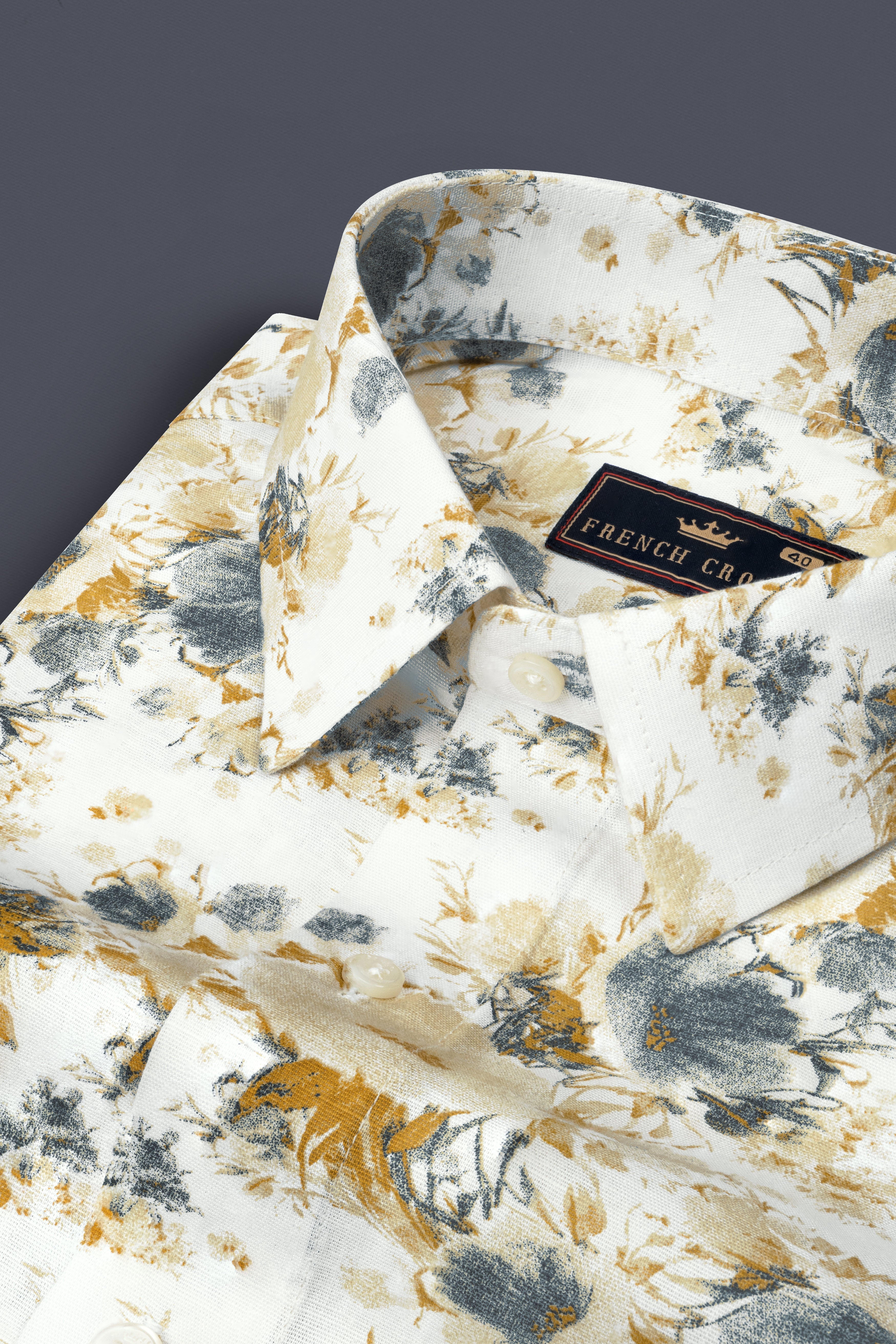 Bright White with Tussock brown Flower Printed Chambray Premium Giza Cotton Shirt 12522-38, 12522-H-38, 12522-39, 12522-H-39, 12522-40, 12522-H-40, 12522-42, 12522-H-42, 12522-44, 12522-H-44, 12522-46, 12522-H-46, 12522-48, 12522-H-48, 12522-50, 12522-H-50, 12522-52, 12522-H-52