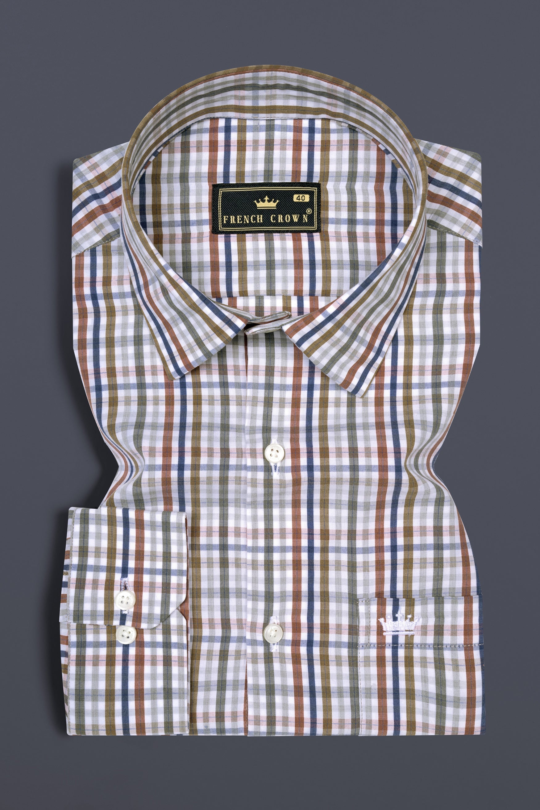 Bright White with Sepia Brown and Rhino Blue Checkered Poplin Giza Cotton Shirt 12555-38, 12555-H-38, 12555-39, 12555-H-39, 12555-40, 12555-H-40, 12555-42, 12555-H-42, 12555-44, 12555-H-44, 12555-46, 12555-H-46, 12555-48, 12555-H-48, 12555-50, 12555-H-50, 12555-52, 12555-H-52