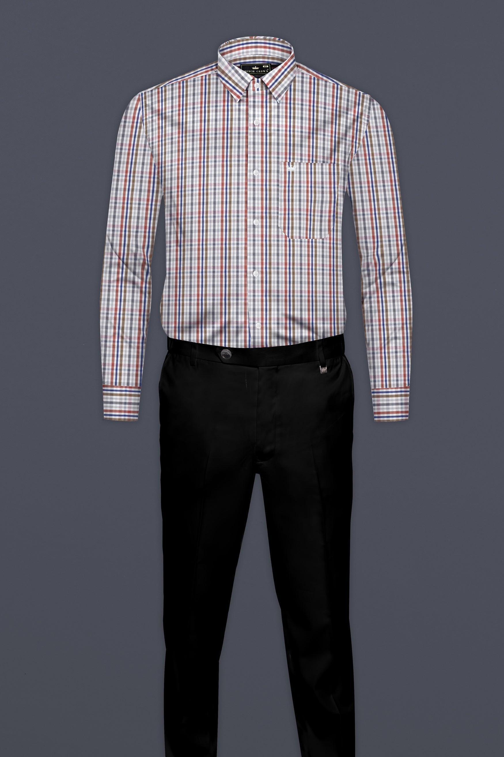 Bright White with Sepia Brown and Rhino Blue Checkered Poplin Giza Cotton Shirt 12555-38, 12555-H-38, 12555-39, 12555-H-39, 12555-40, 12555-H-40, 12555-42, 12555-H-42, 12555-44, 12555-H-44, 12555-46, 12555-H-46, 12555-48, 12555-H-48, 12555-50, 12555-H-50, 12555-52, 12555-H-52