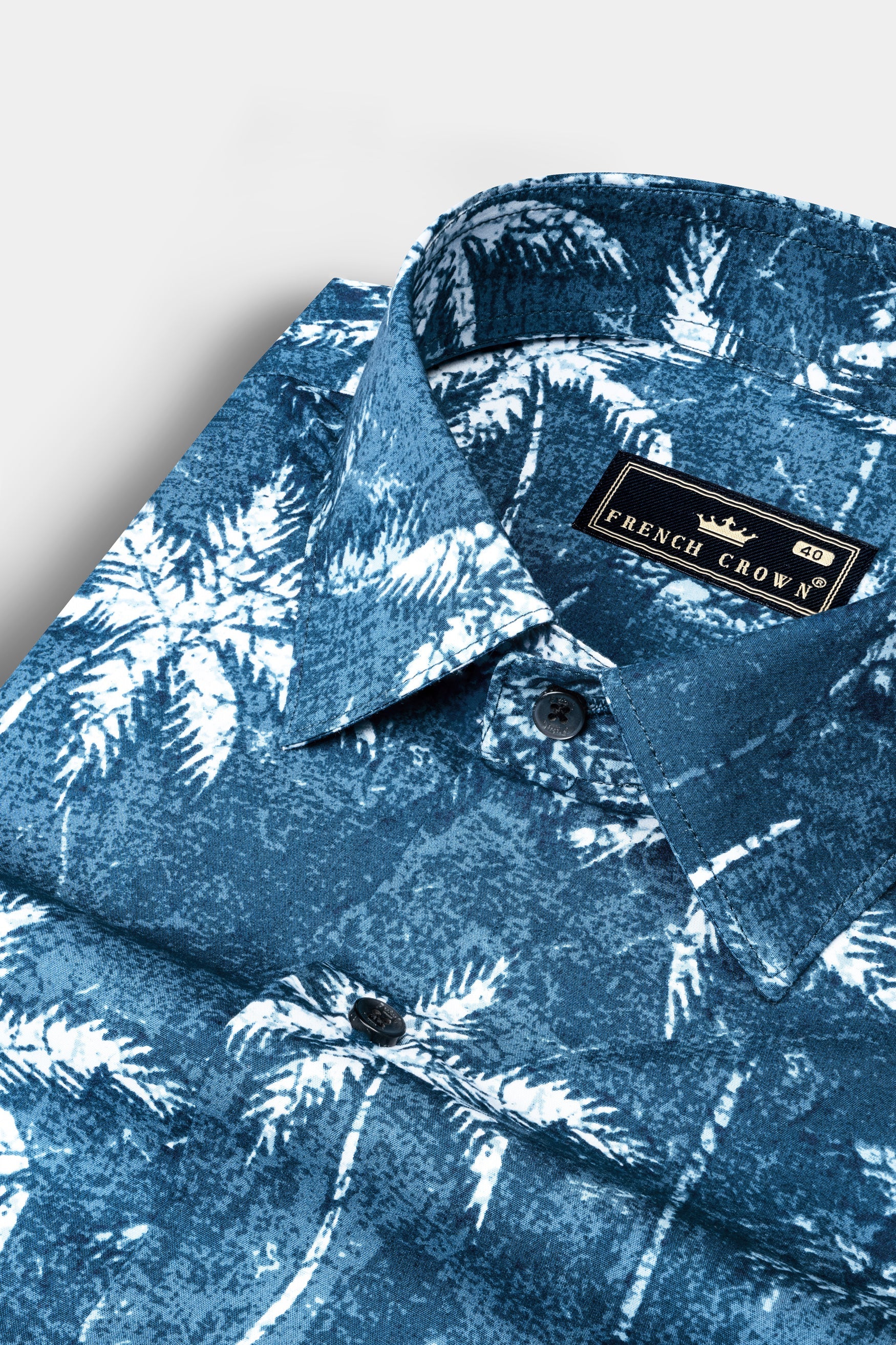 Calypso Blue with White Coconut Tree Printed Poplin Giza Cotton Shirt 12557-BLK-38, 12557-BLK-H-38, 12557-BLK-39, 12557-BLK-H-39, 12557-BLK-40, 12557-BLK-H-40, 12557-BLK-42, 12557-BLK-H-42, 12557-BLK-44, 12557-BLK-H-44, 12557-BLK-46, 12557-BLK-H-46, 12557-BLK-48, 12557-BLK-H-48, 12557-BLK-50, 12557-BLK-H-50, 12557-BLK-52, 12557-BLK-H-52