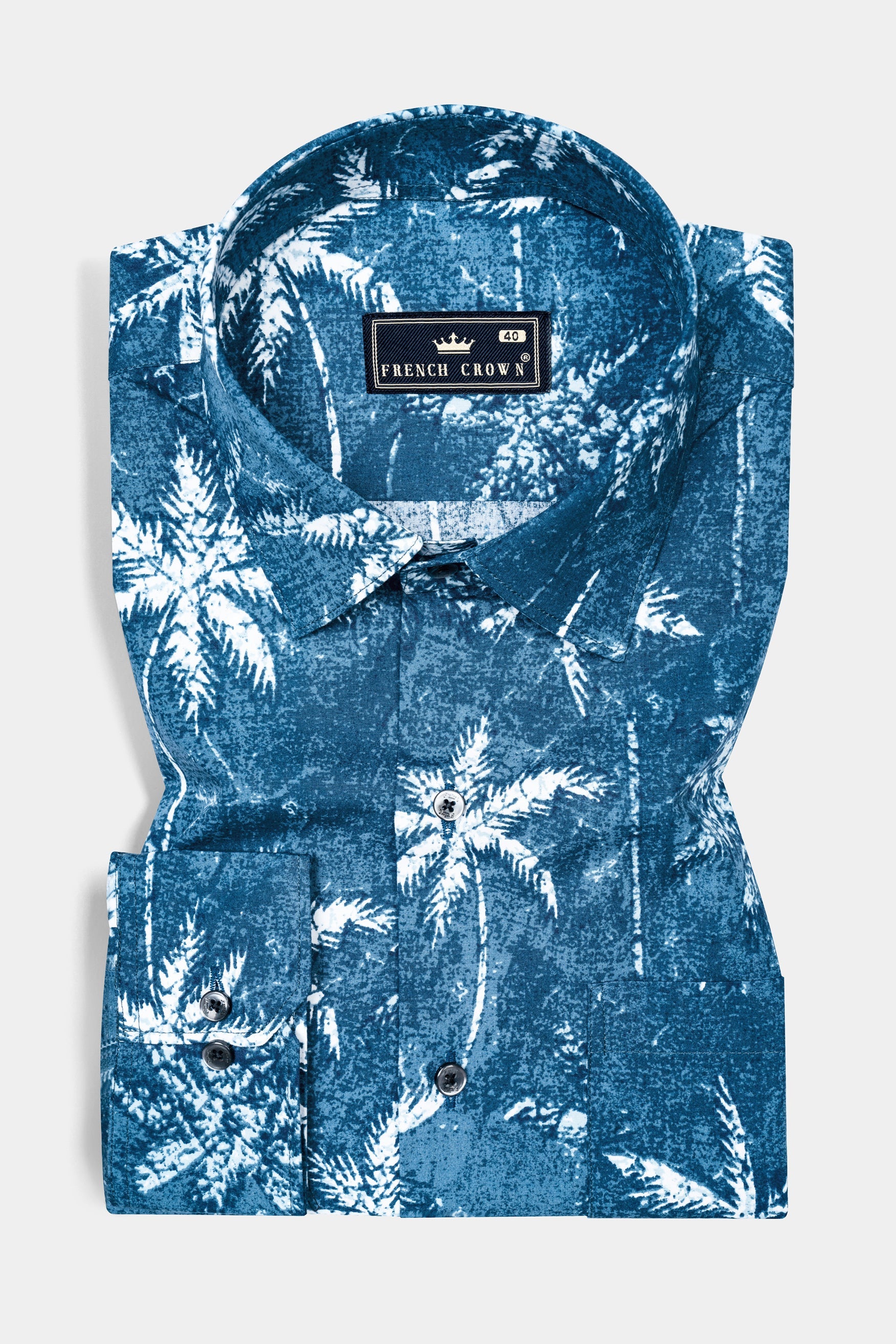 Calypso Blue with White Coconut Tree Printed Poplin Giza Cotton Shirt 12557-BLK-38, 12557-BLK-H-38, 12557-BLK-39, 12557-BLK-H-39, 12557-BLK-40, 12557-BLK-H-40, 12557-BLK-42, 12557-BLK-H-42, 12557-BLK-44, 12557-BLK-H-44, 12557-BLK-46, 12557-BLK-H-46, 12557-BLK-48, 12557-BLK-H-48, 12557-BLK-50, 12557-BLK-H-50, 12557-BLK-52, 12557-BLK-H-52