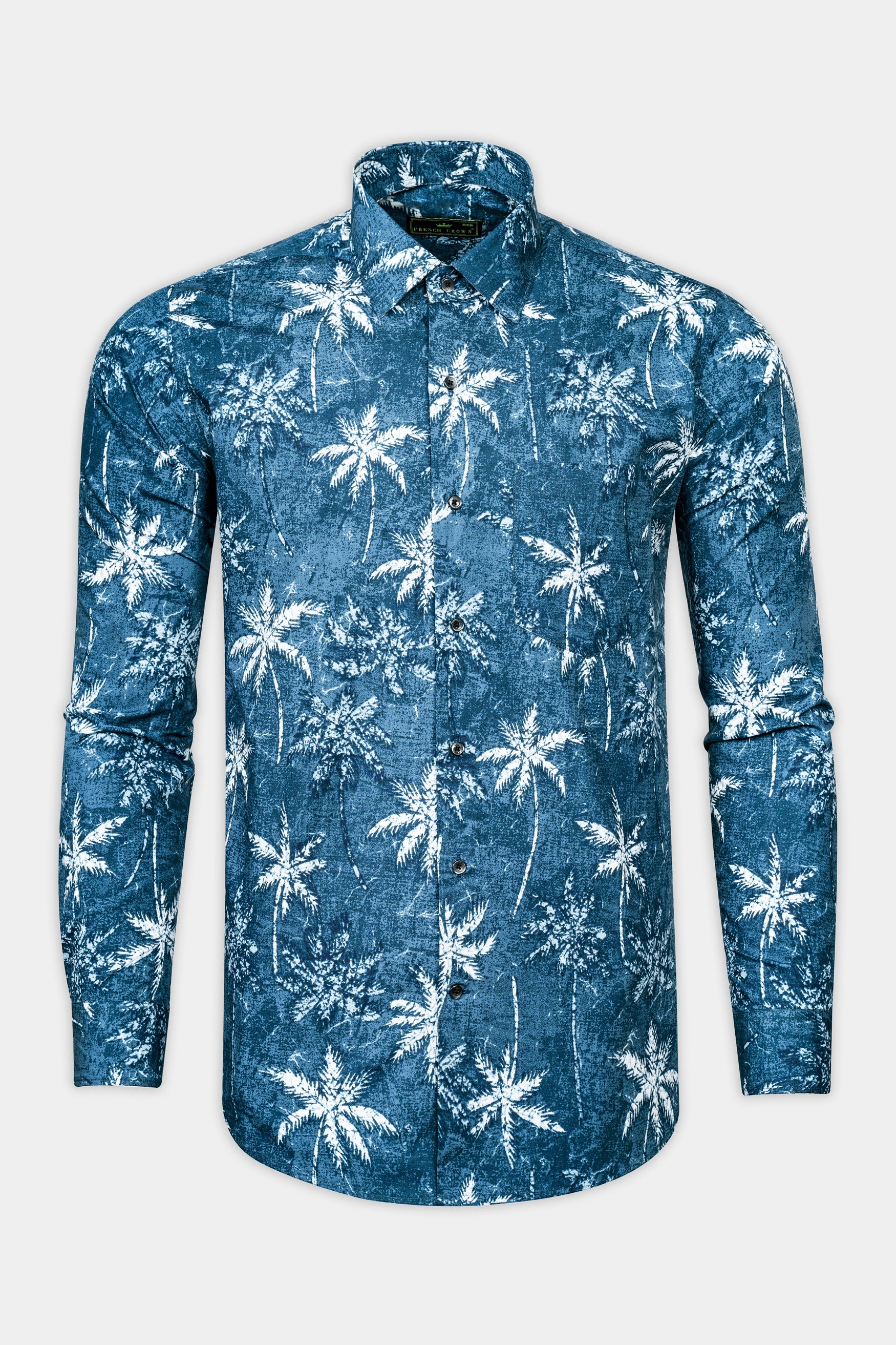 Calypso Blue with White Coconut Tree Printed Poplin Giza Cotton Shirt 12557-BLK-38, 12557-BLK-H-38, 12557-BLK-39, 12557-BLK-H-39, 12557-BLK-40, 12557-BLK-H-40, 12557-BLK-42, 12557-BLK-H-42, 12557-BLK-44, 12557-BLK-H-44, 12557-BLK-46, 12557-BLK-H-46, 12557-BLK-48, 12557-BLK-H-48, 12557-BLK-50, 12557-BLK-H-50, 12557-BLK-52, 12557-BLK-H-52