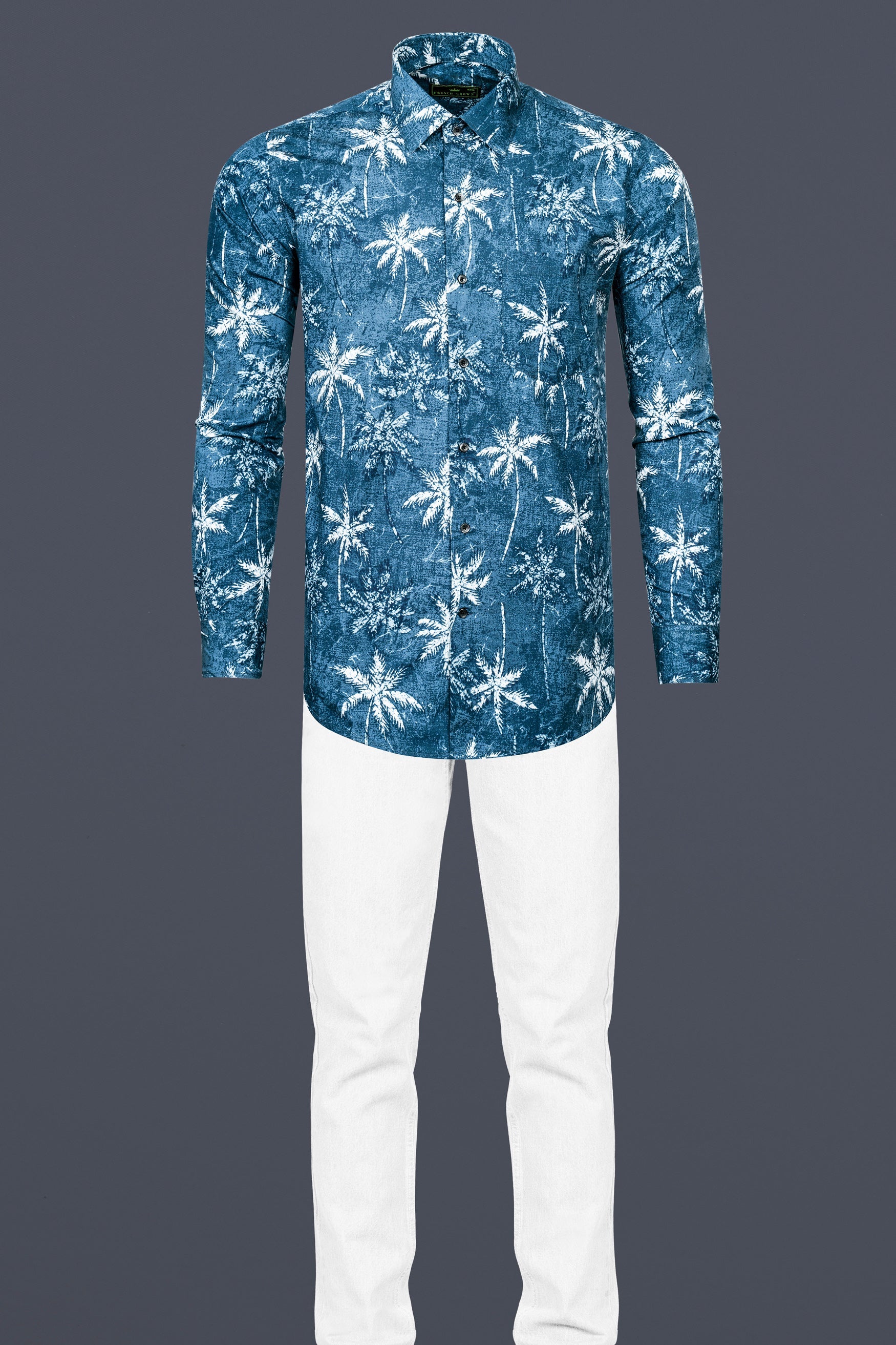 Calypso Blue with White Coconut Tree Printed Poplin Giza Cotton Shirt 12557-BLK-38, 12557-BLK-H-38, 12557-BLK-39, 12557-BLK-H-39, 12557-BLK-40, 12557-BLK-H-40, 12557-BLK-42, 12557-BLK-H-42, 12557-BLK-44, 12557-BLK-H-44, 12557-BLK-46, 12557-BLK-H-46, 12557-BLK-48, 12557-BLK-H-48, 12557-BLK-50, 12557-BLK-H-50, 12557-BLK-52, 12557-BLK-H-52