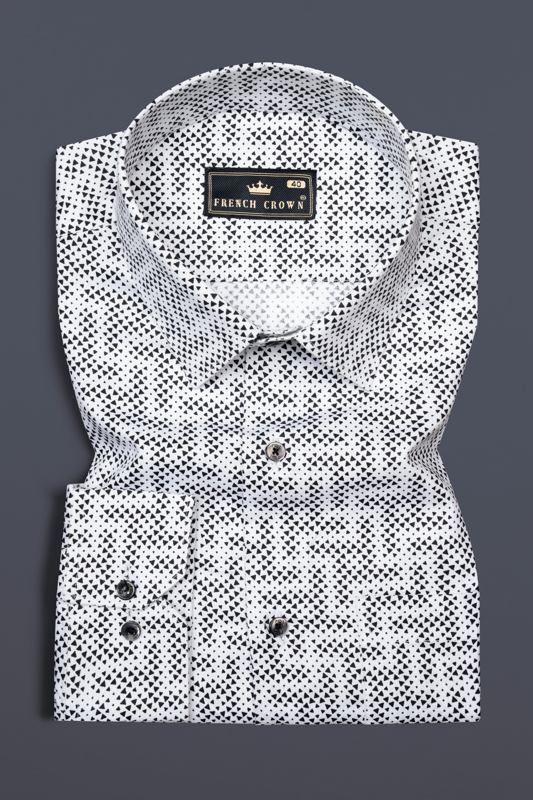 Classic White with Black Flocked Triangle Printed Super Soft Premium Cotton Shirt 12608-BLK-38, 12608-BLK-H-38, 12608-BLK-39, 12608-BLK-H-39, 12608-BLK-40, 12608-BLK-H-40, 12608-BLK-42, 12608-BLK-H-42, 12608-BLK-44, 12608-BLK-H-44, 12608-BLK-46, 12608-BLK-H-46, 12608-BLK-48, 12608-BLK-H-48, 12608-BLK-50, 12608-BLK-H-50, 12608-BLK-52, 12608-BLK-H-52