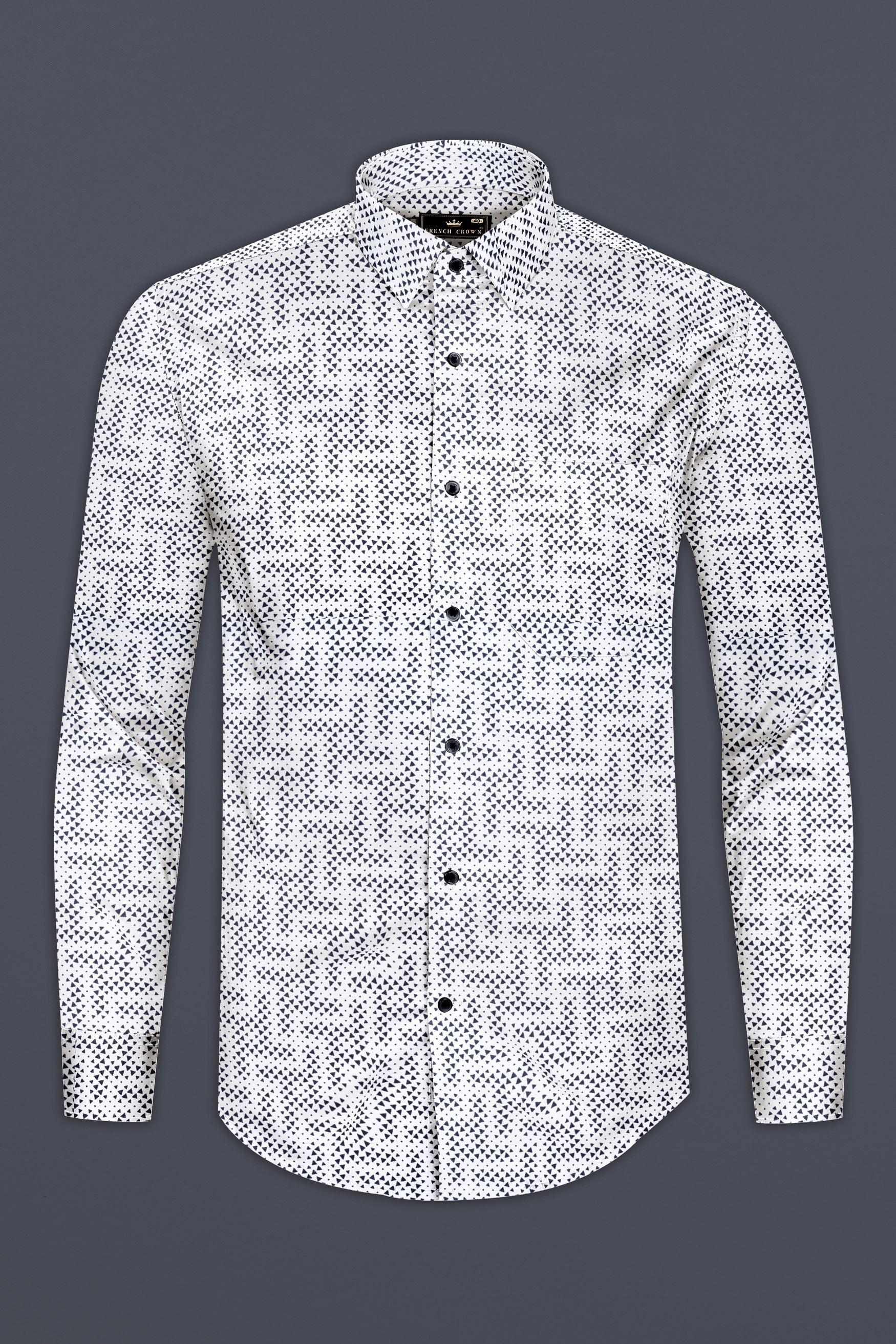 Classic White with Black Flocked Triangle Printed Super Soft Premium Cotton Shirt 12608-BLK-38, 12608-BLK-H-38, 12608-BLK-39, 12608-BLK-H-39, 12608-BLK-40, 12608-BLK-H-40, 12608-BLK-42, 12608-BLK-H-42, 12608-BLK-44, 12608-BLK-H-44, 12608-BLK-46, 12608-BLK-H-46, 12608-BLK-48, 12608-BLK-H-48, 12608-BLK-50, 12608-BLK-H-50, 12608-BLK-52, 12608-BLK-H-52