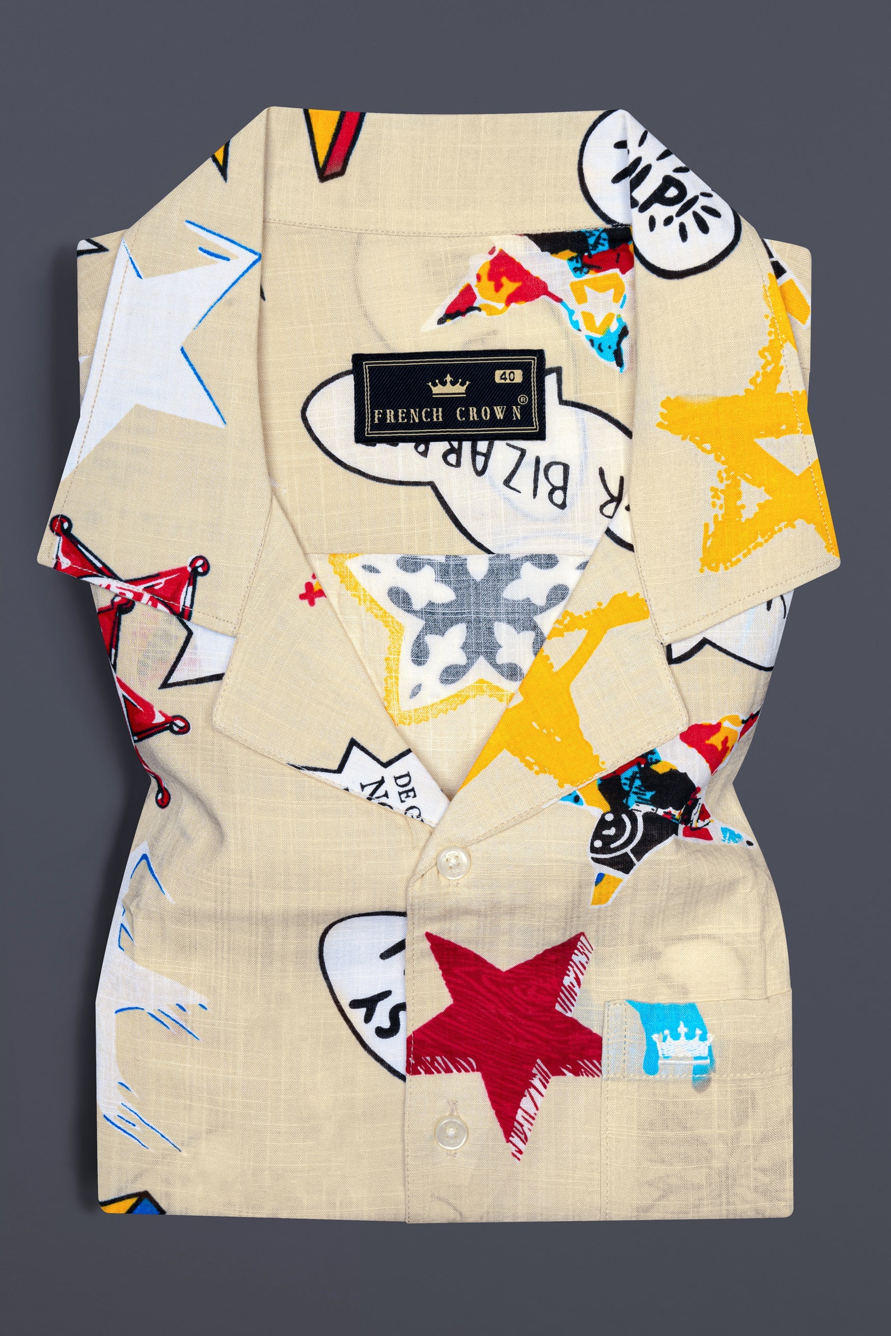 Sisal Cream Retro Printed Chambray Premium Cotton Shirt