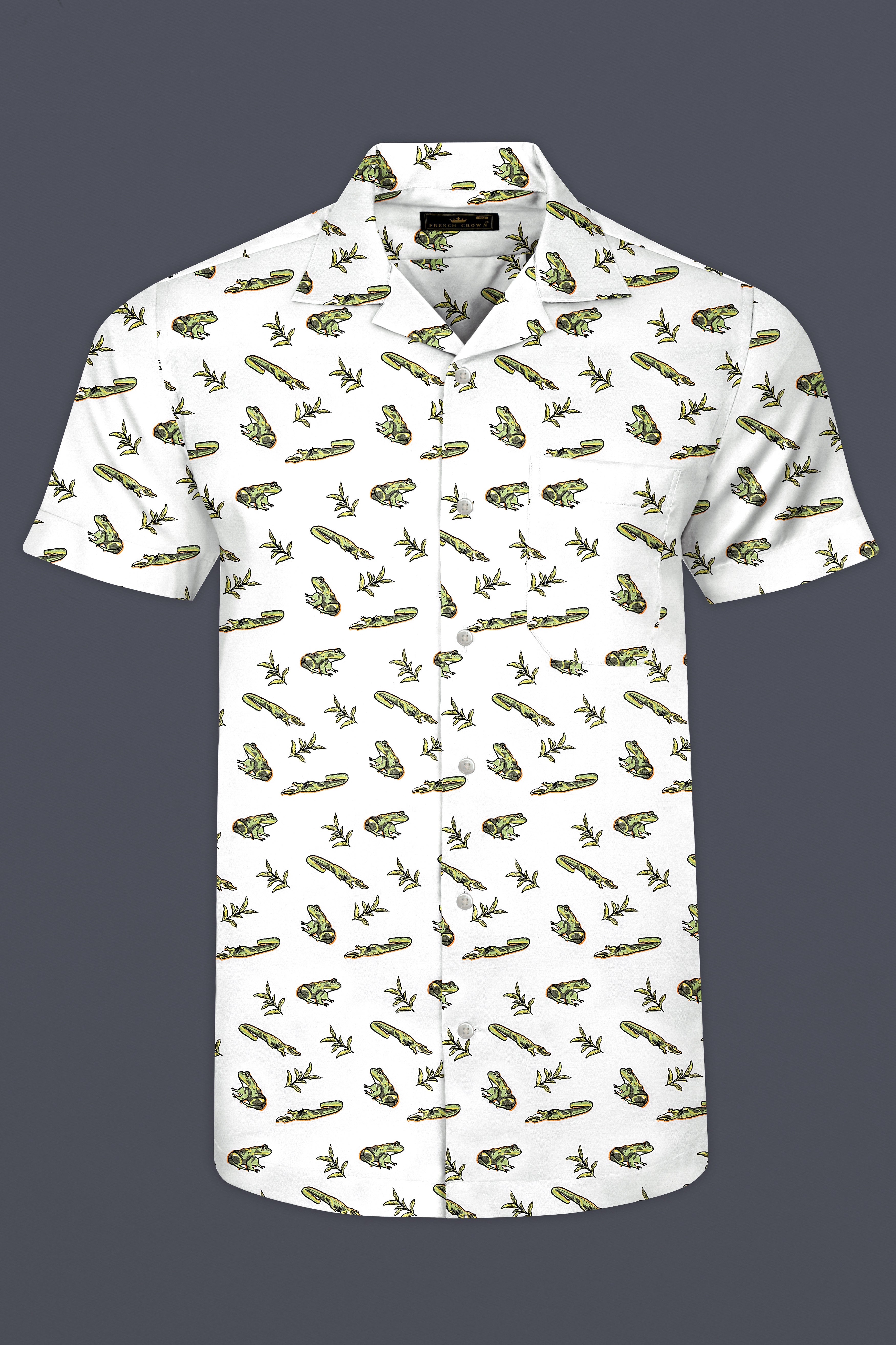Bright White with Sage Green Frogs and Crocodiles Printed Poplin Cotton Shirt