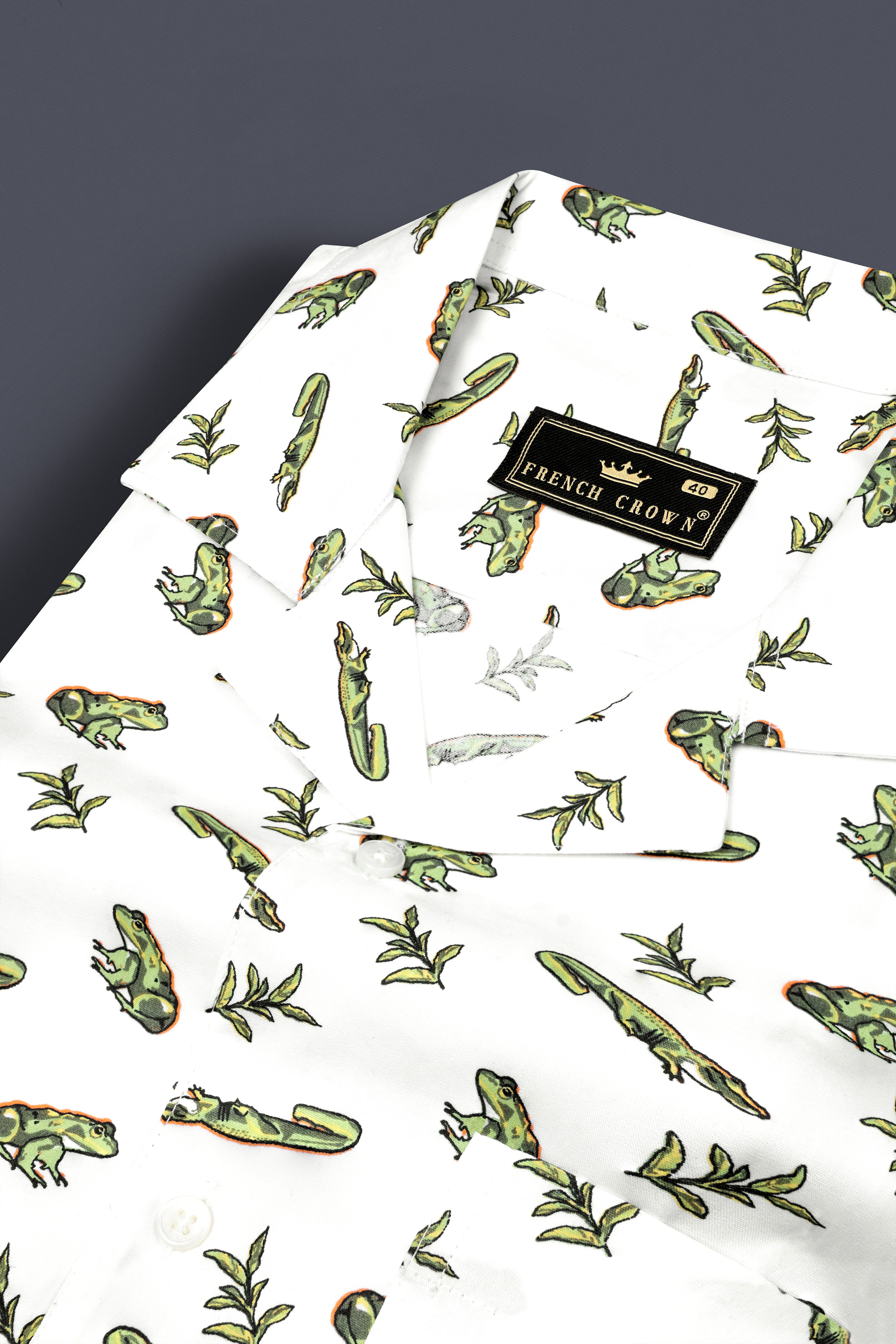 Bright White with Sage Green Frogs and Crocodiles Printed Poplin Cotton Shirt