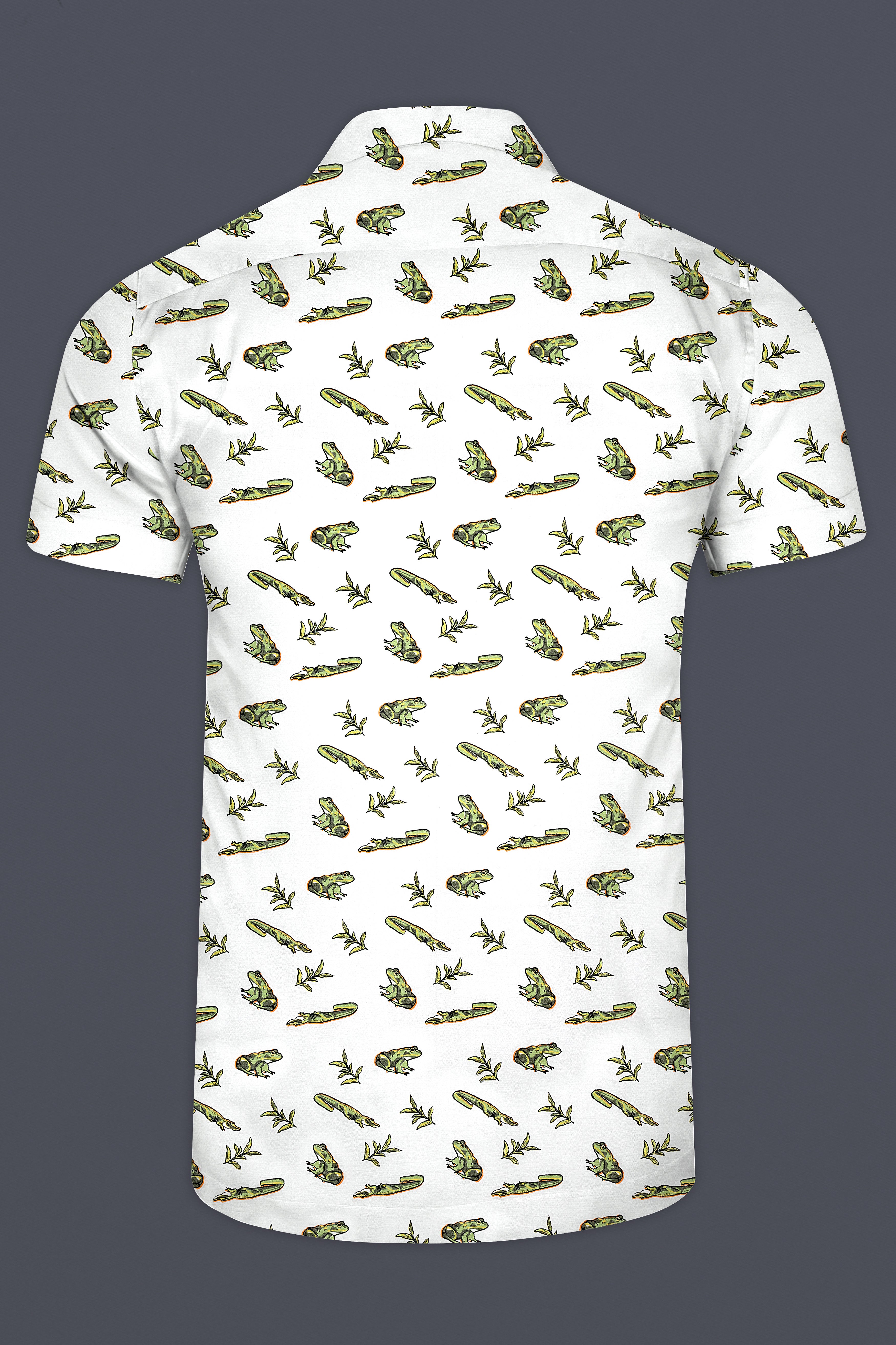 Bright White with Sage Green Frogs and Crocodiles Printed Poplin Cotton Shirt