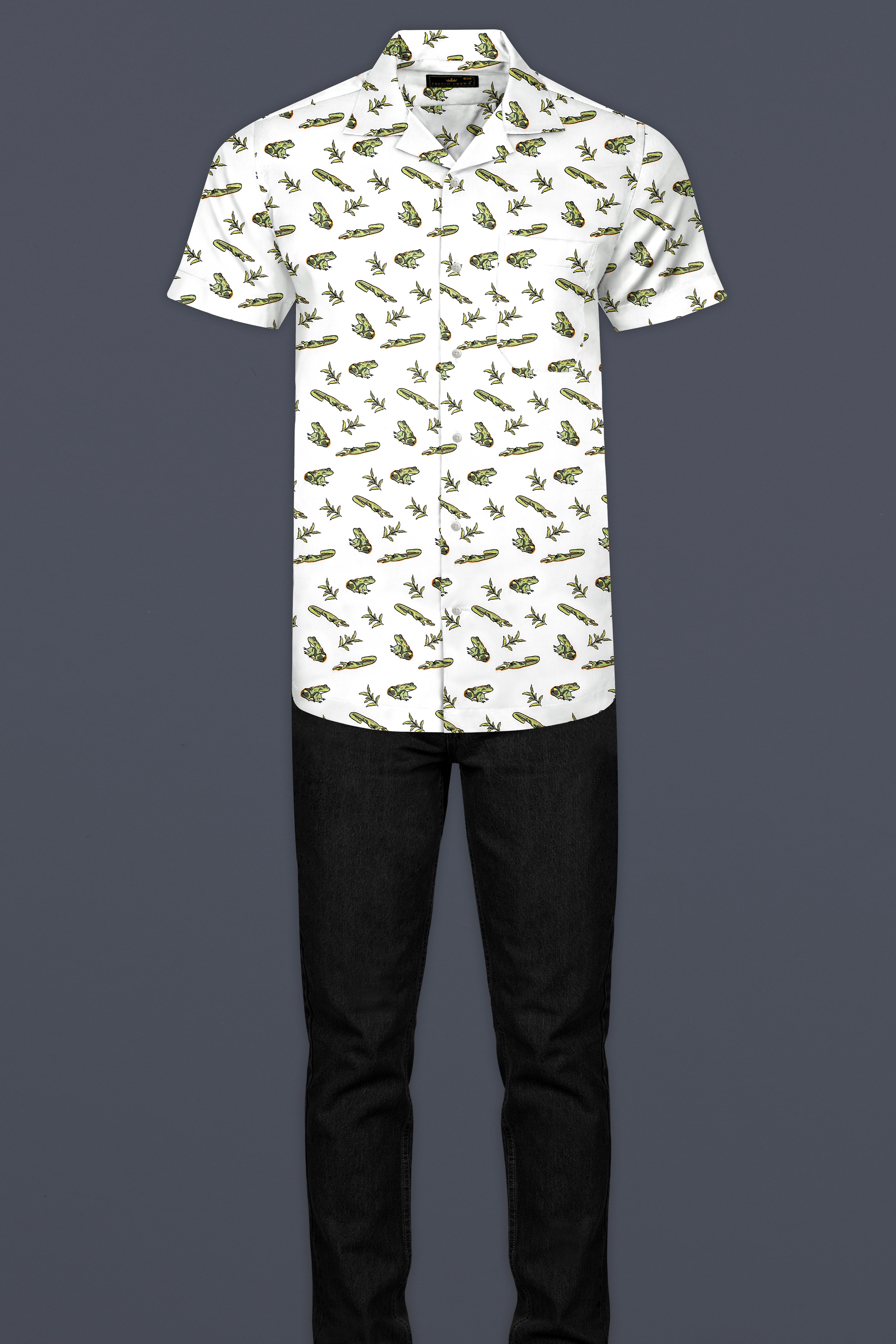 Bright White with Sage Green Frogs and Crocodiles Printed Poplin Cotton Shirt