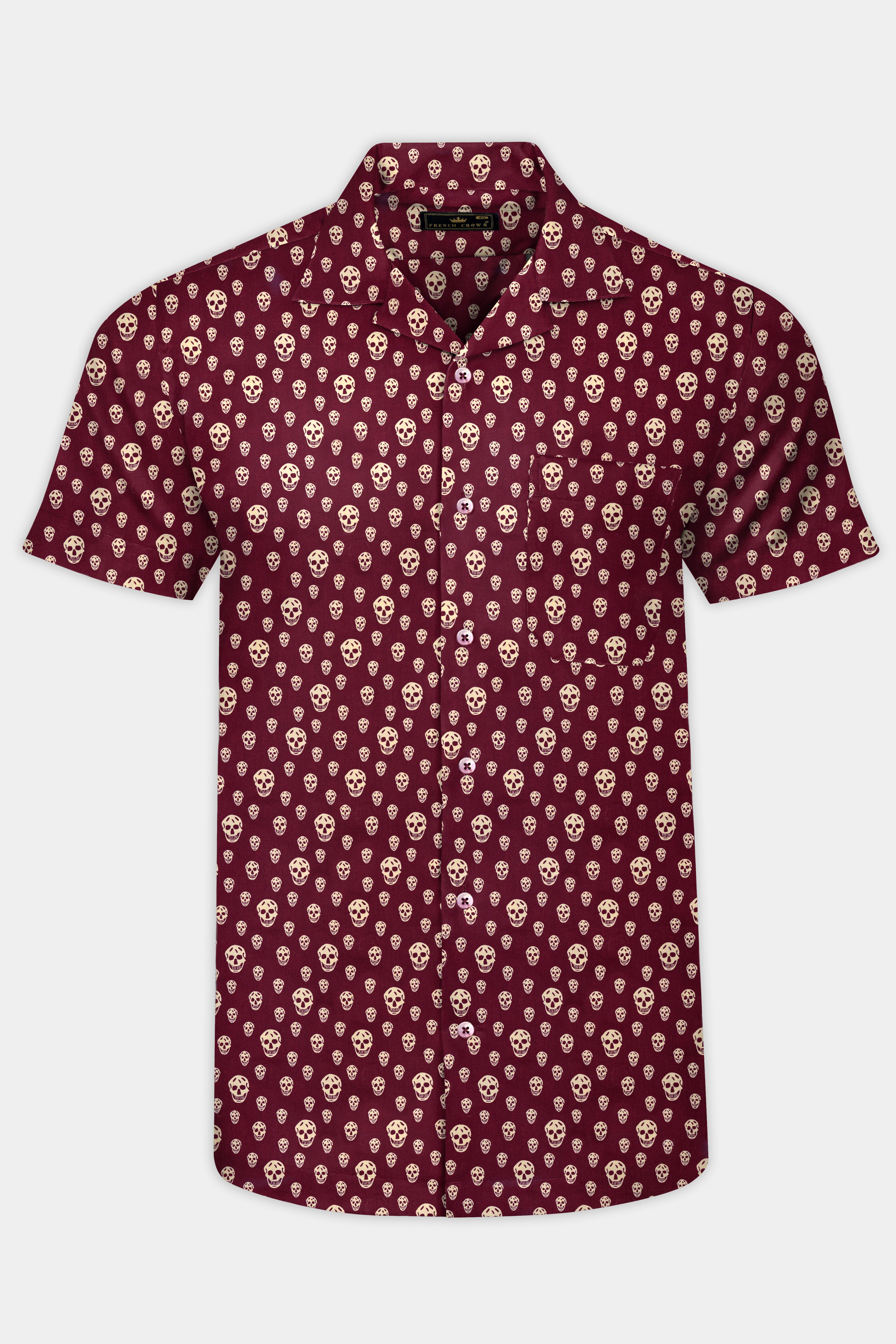 Wine Berry Red Skull Printed Poplin Cotton Shirt